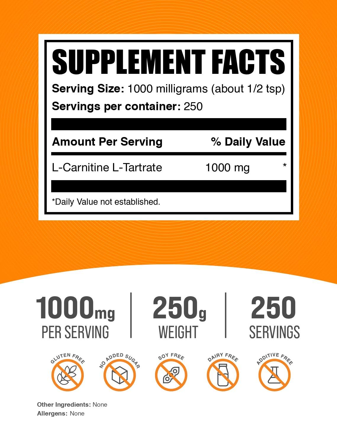 BulkSupplements.com L-Carnitine Tartrate Powder - Carnitine Supplement, L-Carnitine L-Tartrate, L Carnitine 1000mg - Unflavored & Gluten Free, 1000mg per Serving, 250g (8.8 oz) (Pack of 1)