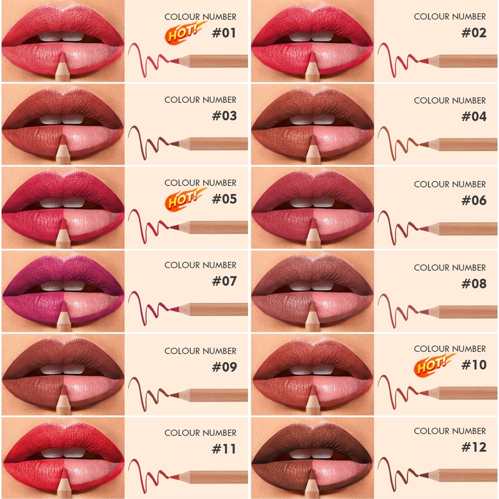 KIMIEYE 12 Colors Lip Liner Set, Matte Finish Series Lip Liners Pen Kit for Women, Long Lasting Waterproof Smooth High Pigmented Lip Pencil for Daily Makeup (Set A)