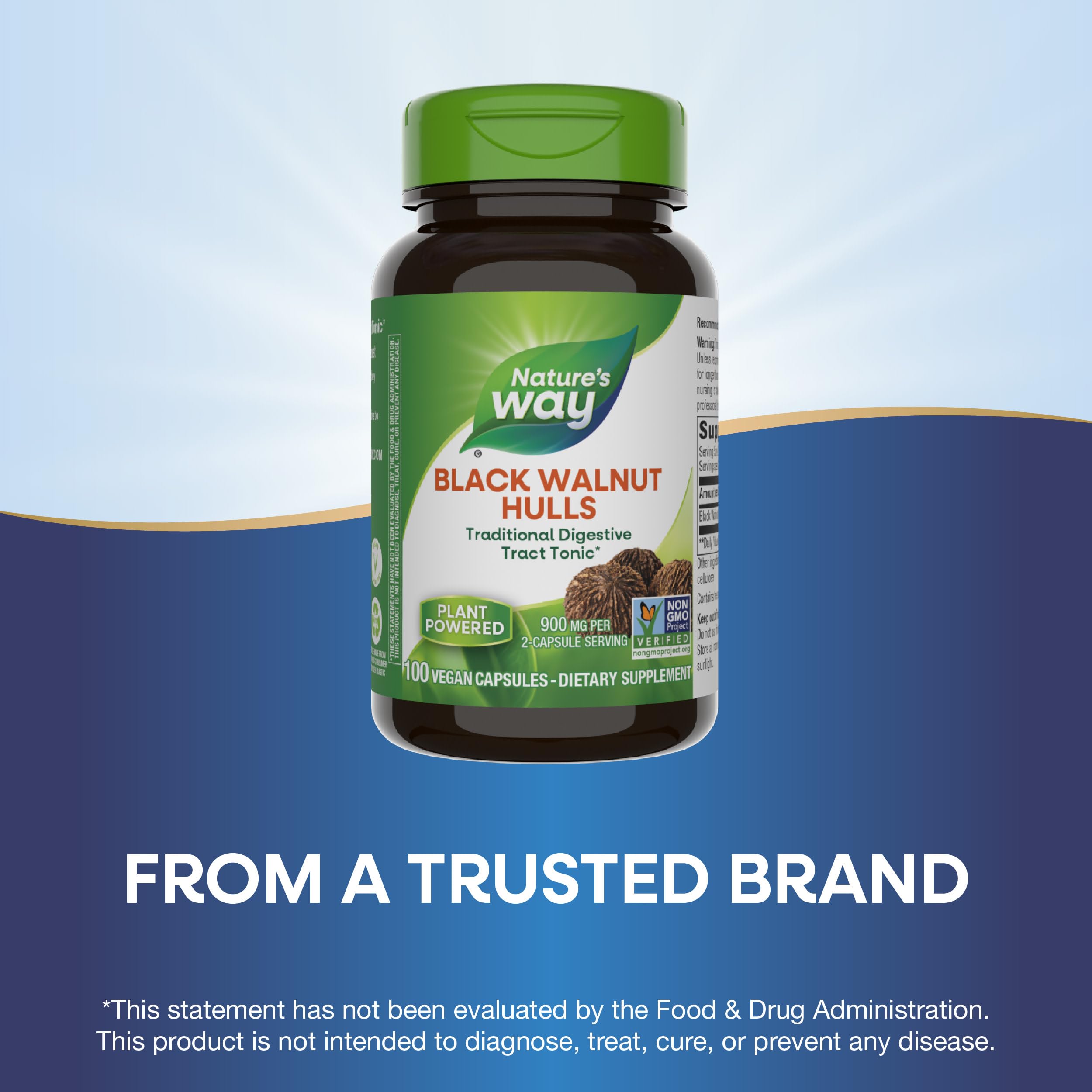 Nature's Way Black Walnut Hulls, Traditional Digestive Tract Tonic*, 900 mg per 2-Capsule Serving, Non-GMO Project Verified, Vegan, 100 Capsules (Packaging May Vary)