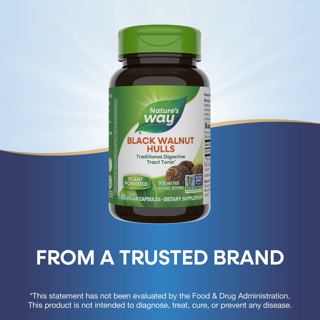 Nature's Way Black Walnut Hulls, Traditional Digestive Tract Tonic*, 900 mg per 2-Capsule Serving, Non-GMO Project Verified, Vegan, 100 Capsules (Packaging May Vary)