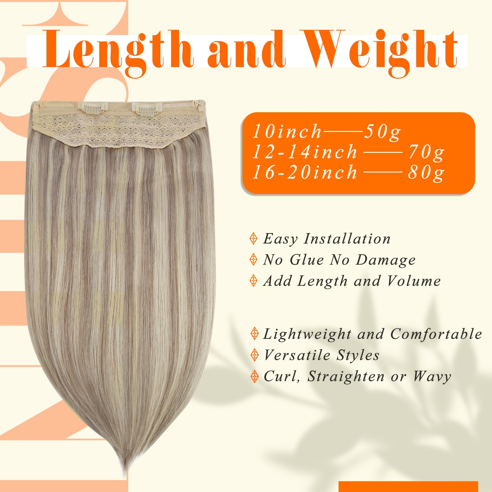 Fshine Invisible Human Hair Extensions 20 Inch Secret Crown Headband Wire in Hair Extension with Removable Clips 80 Gram Layered Wire Hair Extensions Ash Blonde 18 Highlighted Bleach Blonde 613