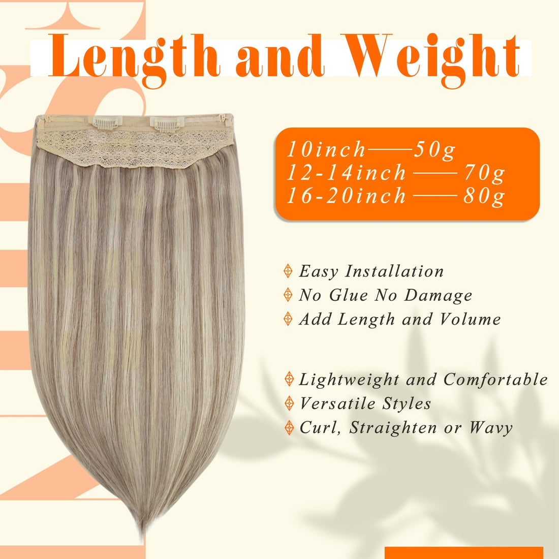 Fshine Invisible Human Hair Extensions 20 Inch Secret Crown Headband Wire in Hair Extension with Removable Clips 80 Gram Layered Wire Hair Extensions Ash Blonde 18 Highlighted Bleach Blonde 613