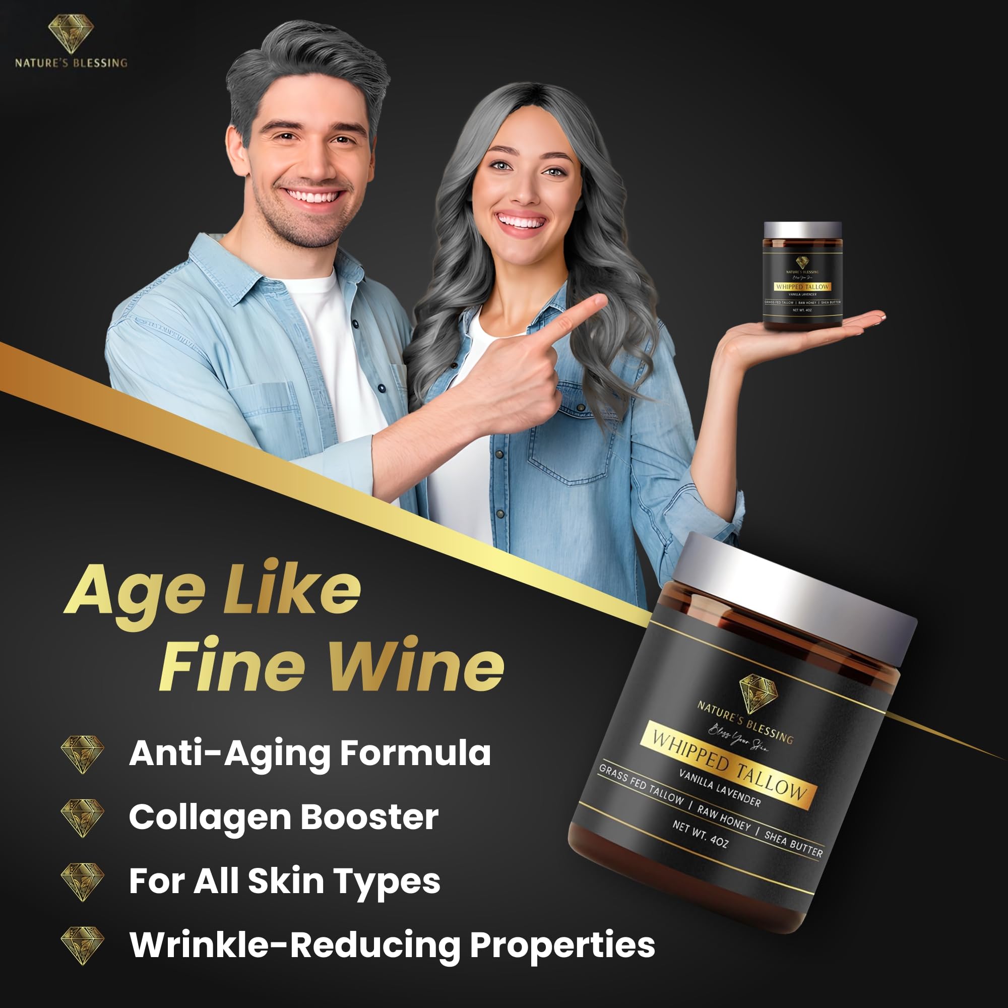 100% Grass Fed Beef Tallow for Skin Care - Collagen Booster - Infused with Organic Honey, Organic Shea Butter - 100% Natural Skincare + Face + Body