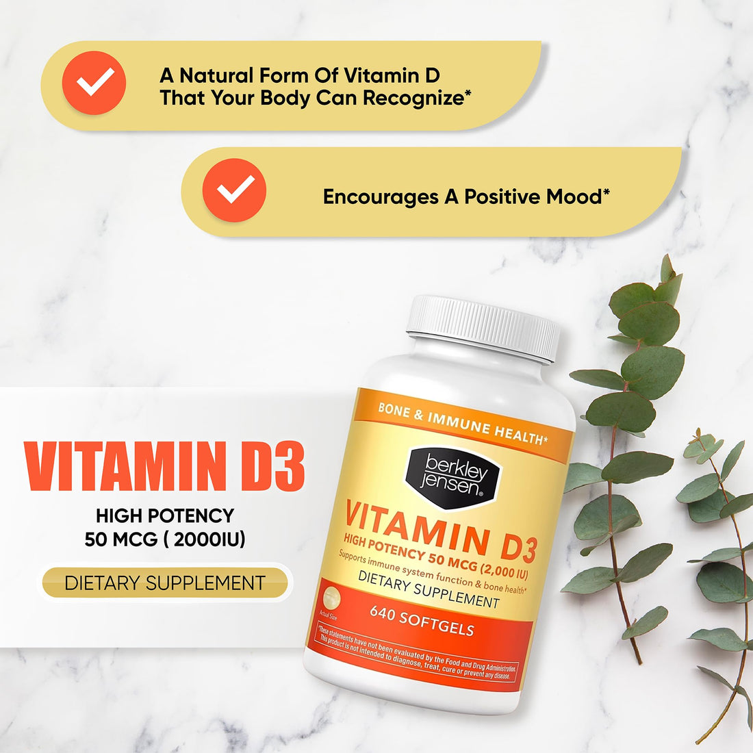 berkley jensen High Potency Vitamin D3 2000IU (50 mcg) (640 Softgels), Dietary Supplement for Teeth, Muscle, Immune Function, and Bone Health, for Men and Women, Made in USA, 640 Day Supply