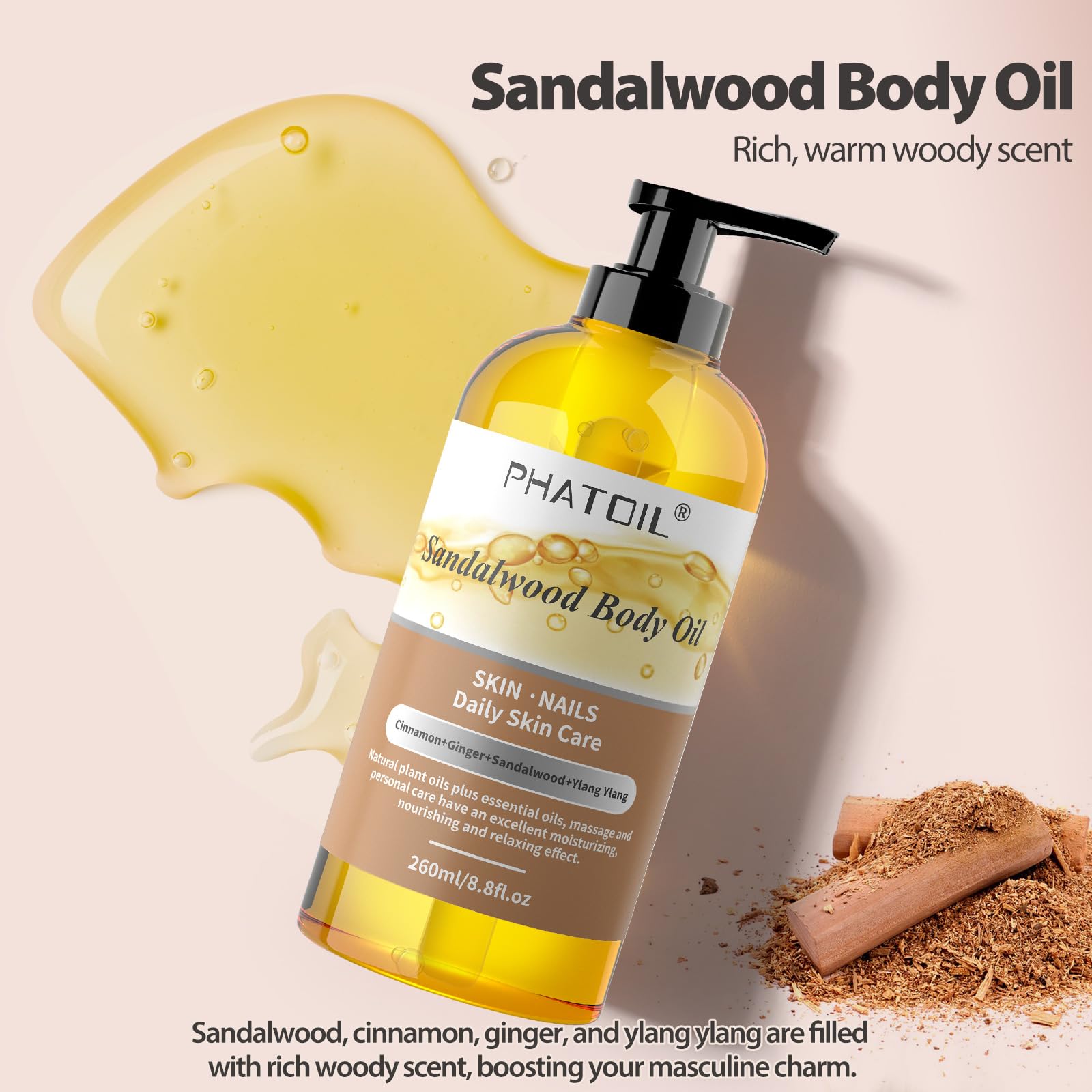 PHATOIL Sandalwood Body Oil, 260ml Large Bottle Body Oil for Nourishing Skin, 8.8 fl.oz Premium Moisturizer Infused with Sandalwood Essential Oil, Great for Hair & Body Care