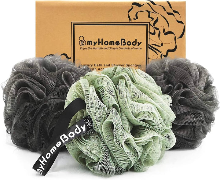 Large 70g Luxury Shower Pouf, Bath Sponge, Mesh Loofah Body Scrubber - Infused with Activated Charcoal, for Bath and Shower, Gentle Exfoliation and Lots of Lather, 3 Pack