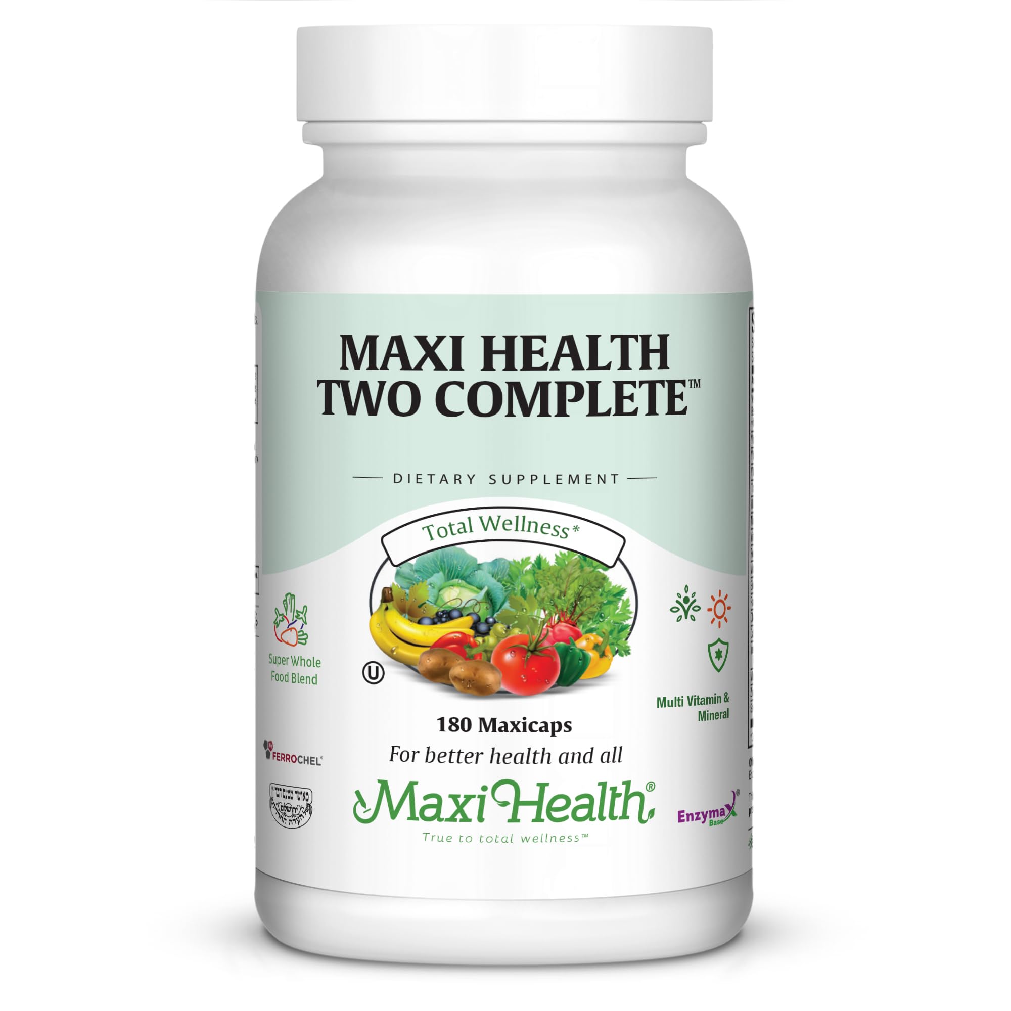 Maxi Health Two Complete - Multivitamins and Minerals - Full Potency - 180 Capsules - Kosher