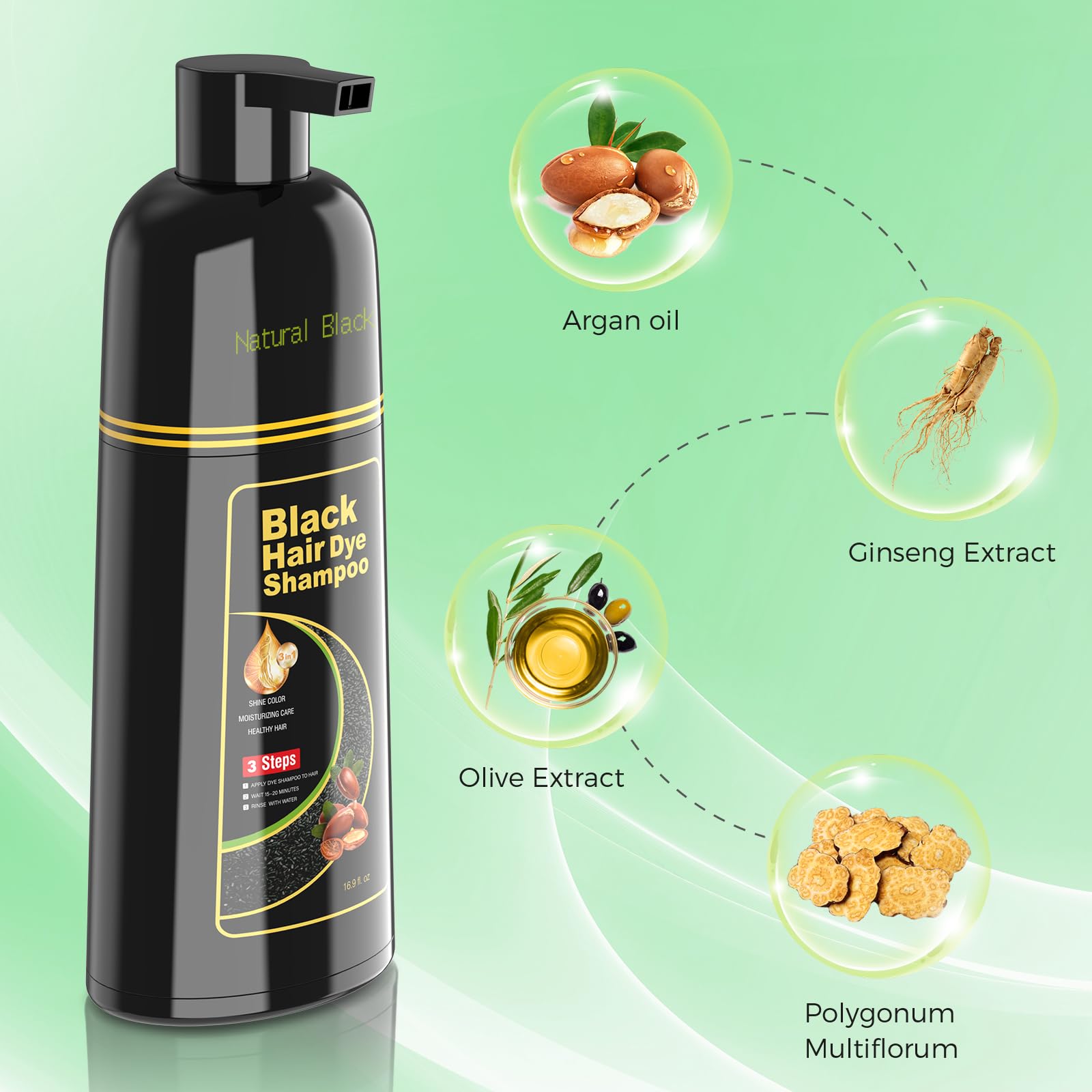 BELEZALIB Black Hair Dye Shampoo for Woman & Man, Argan Hair Color Shampoo 3 in 1, Semi-Permanent Gray Hair Coverage, Mild Formula, Lasts 30 Days(16.90 oz)