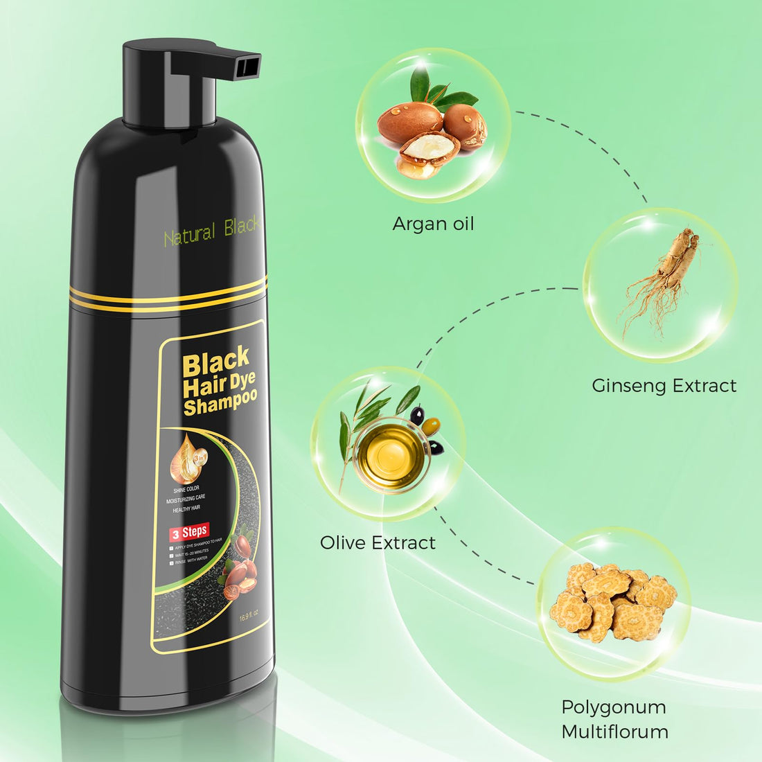 BELEZALIB Black Hair Dye Shampoo for Woman & Man, Argan Hair Color Shampoo 3 in 1, Semi-Permanent Gray Hair Coverage, Mild Formula, Lasts 30 Days(16.90 oz)