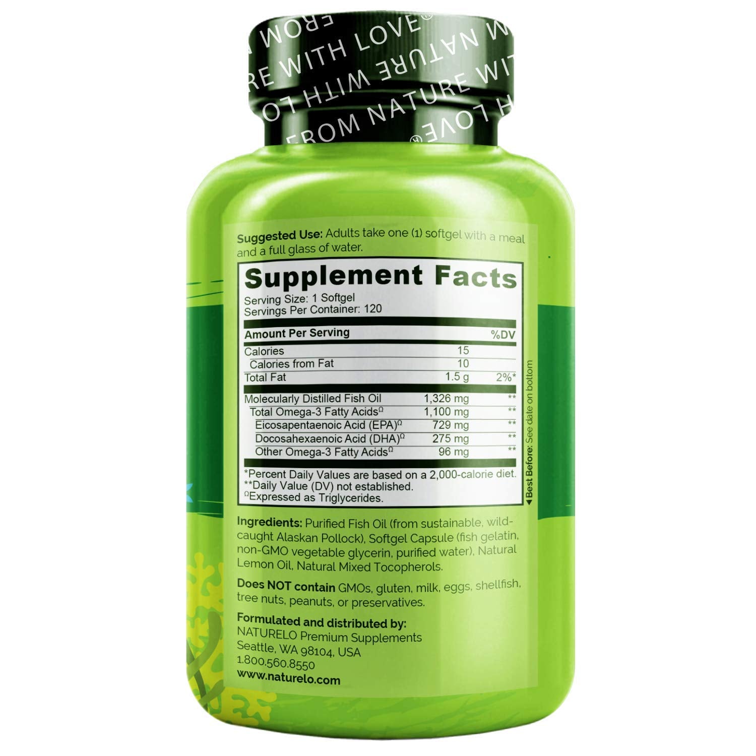 NATURELO Burpless Omega 3 Fish Oil Supplement - 1100mg Triglyceride Omega-3, EPA + DHA, Liquid Fish Oil Omega 3 for Heart, Eye, Brain, Joint Health - 120 Softgels, 4 Months Supply