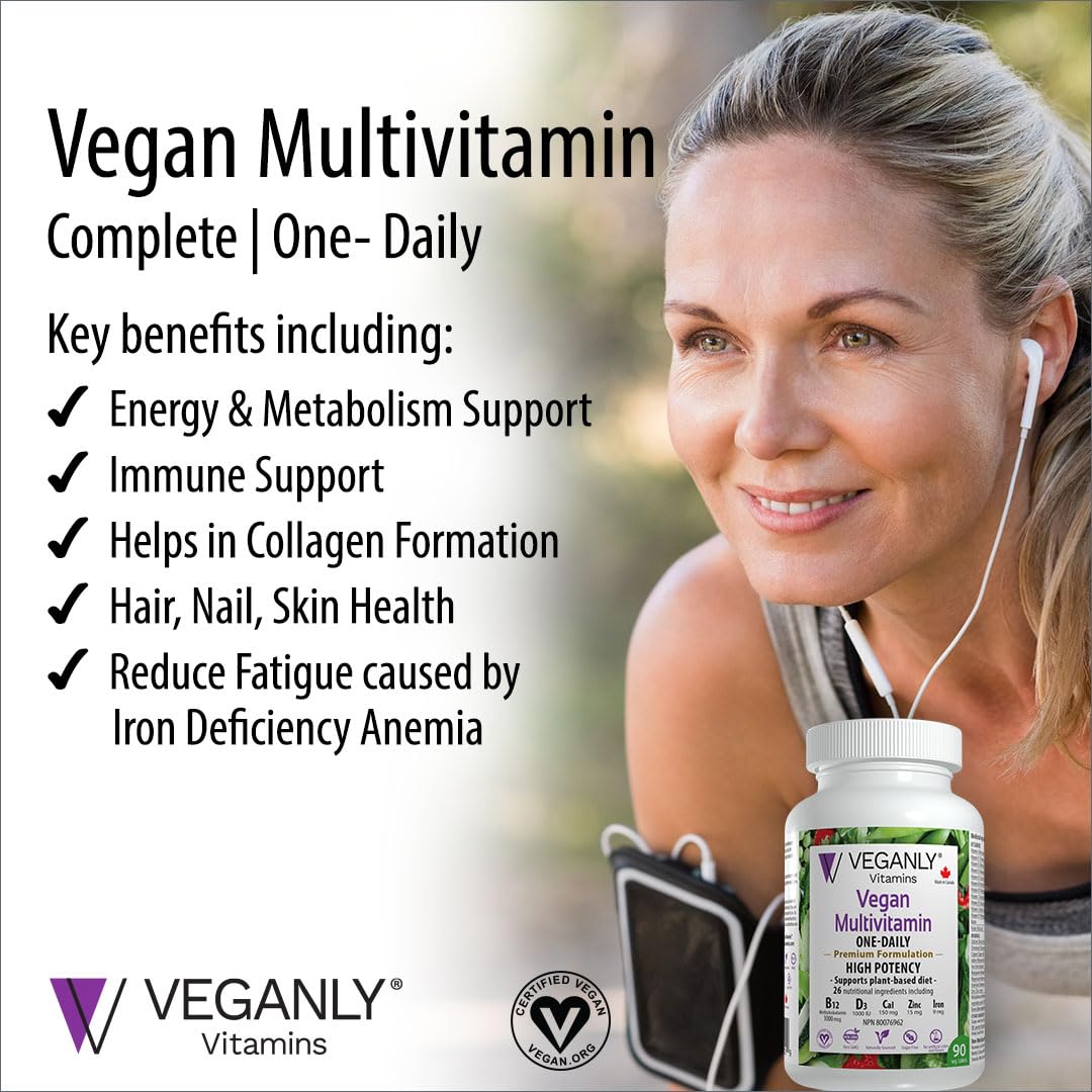 VEGANLY Vitamins Vegan Multivitamin One-Daily, (90 Veg Tablets). Complete Vegan Nutrition Support for Plant-Based, Vegan or Vegetarian Diets. 26 Essentials with High Potency in B12 & D3.