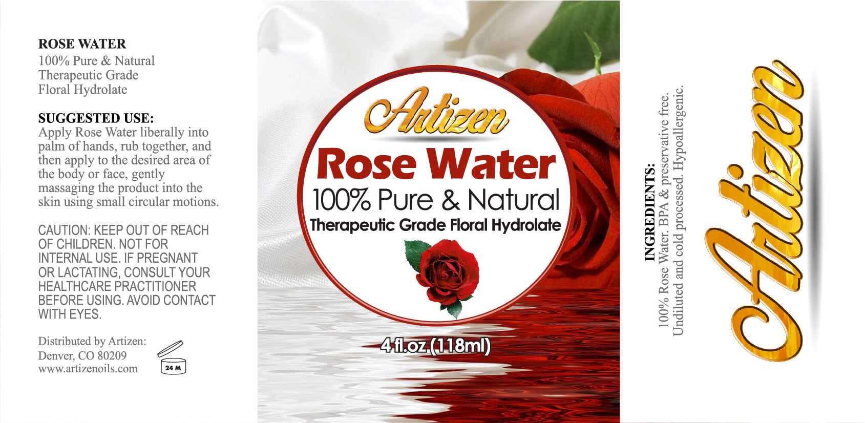 Artizen Rosewater Spray - 4oz (Ounce) Bottle (100% Pure & Natural) - Amazing Uplifting Fragrance - Perfect Rose Water Toner for Your Face & Skin