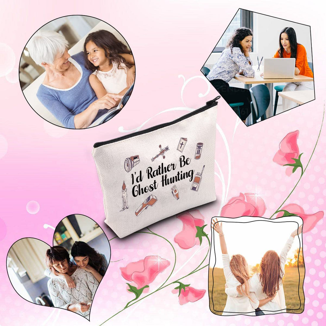 Paranormal Investigator Ghost Lover Merch I’d Rather Be Ghost Hunting Zipper Pouch Makeup Bag, Beige, Ghost Hunting