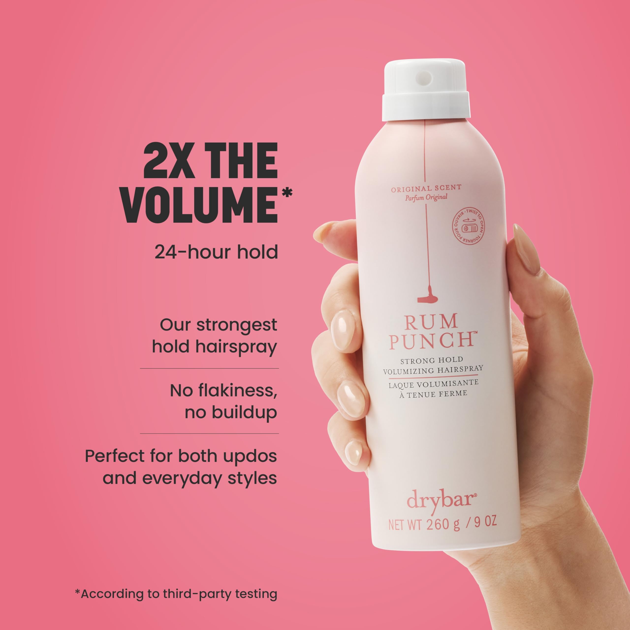 Drybar Rum Punch Strong Hold Volumizing Hairspray | Holds Style for 24 Hours and Instantly Doubles Volume,* No Flakiness or Buildup, Maximum Hold for Hair Styles and Updos, Vegan & Cruelty Free