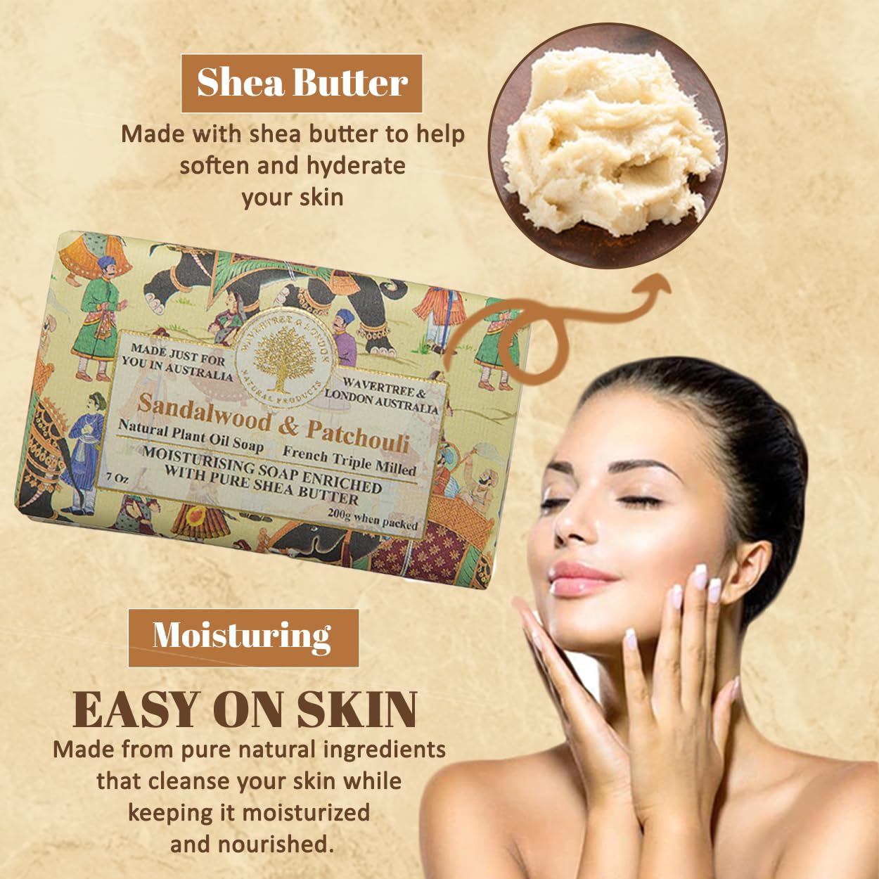 Wavertree & London Sandalwood & Patchouli Scented Natural Soap (8 Bars), 7oz Moisturizing French Triple Milled Soap Bars enriched with shea butter - Pure Plant Oil Bath & Body Soap for All Skin Types