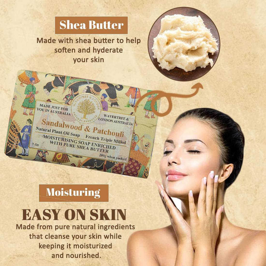 Wavertree & London Sandalwood & Patchouli Scented Natural Soap (8 Bars), 7oz Moisturizing French Triple Milled Soap Bars enriched with shea butter - Pure Plant Oil Bath & Body Soap for All Skin Types