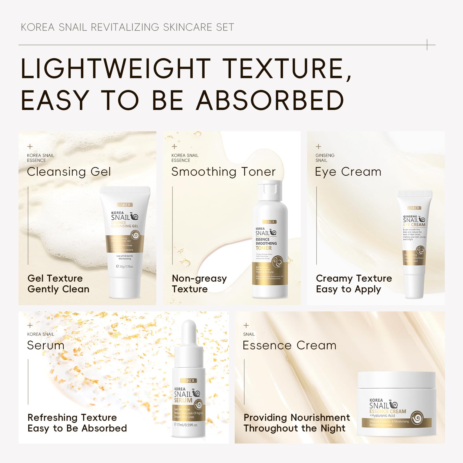 Korean Snail Essence Skin Care Kit,Skincare Gifts for Women,Include Gentle Cleanser,Toner,Eye Cream,Serum,Cream,Long-Lasting Moisturizing & Nourishing,Minimizes the Look of Wrinkles