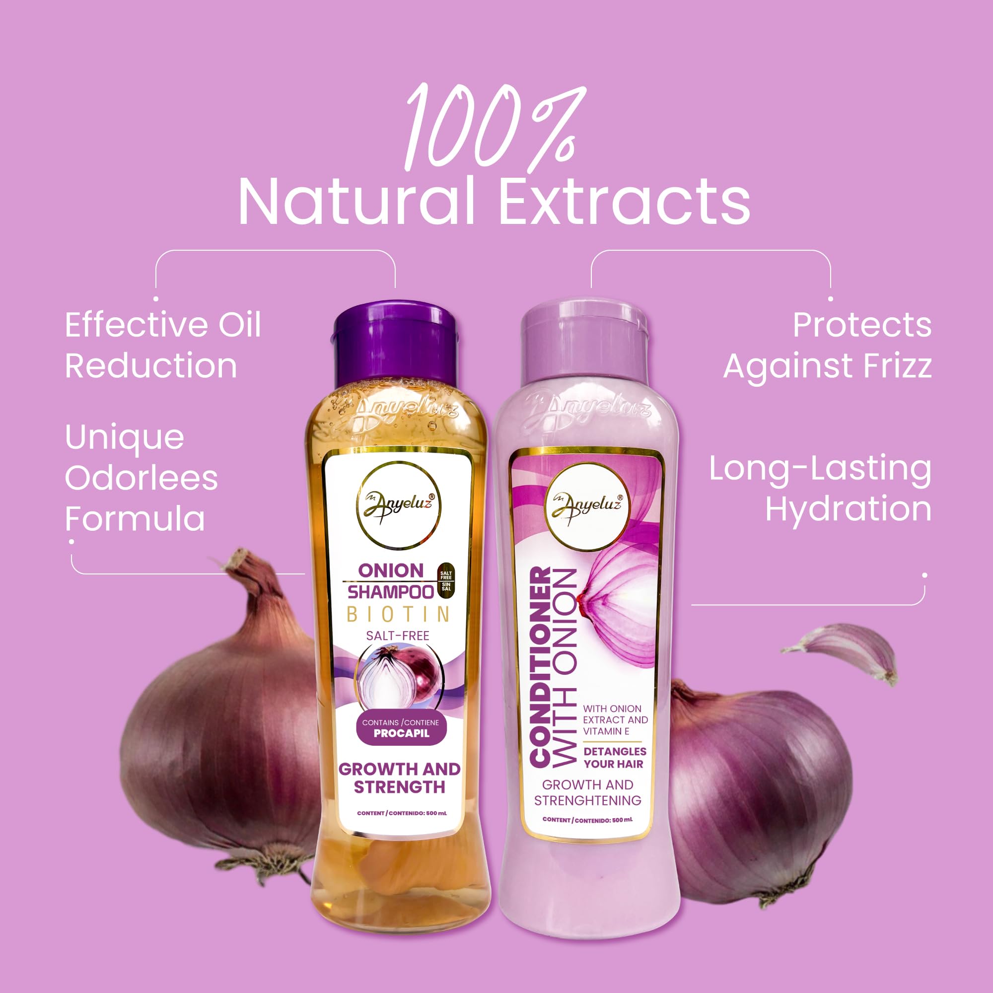 Anyeluz Onion Shampoo and Conditioner Set – Enriched with Onion Extract and Biotin, Cleanses and Reduces Oiliness, Strengthens and Revitalizes, Suitable for All Hair Types