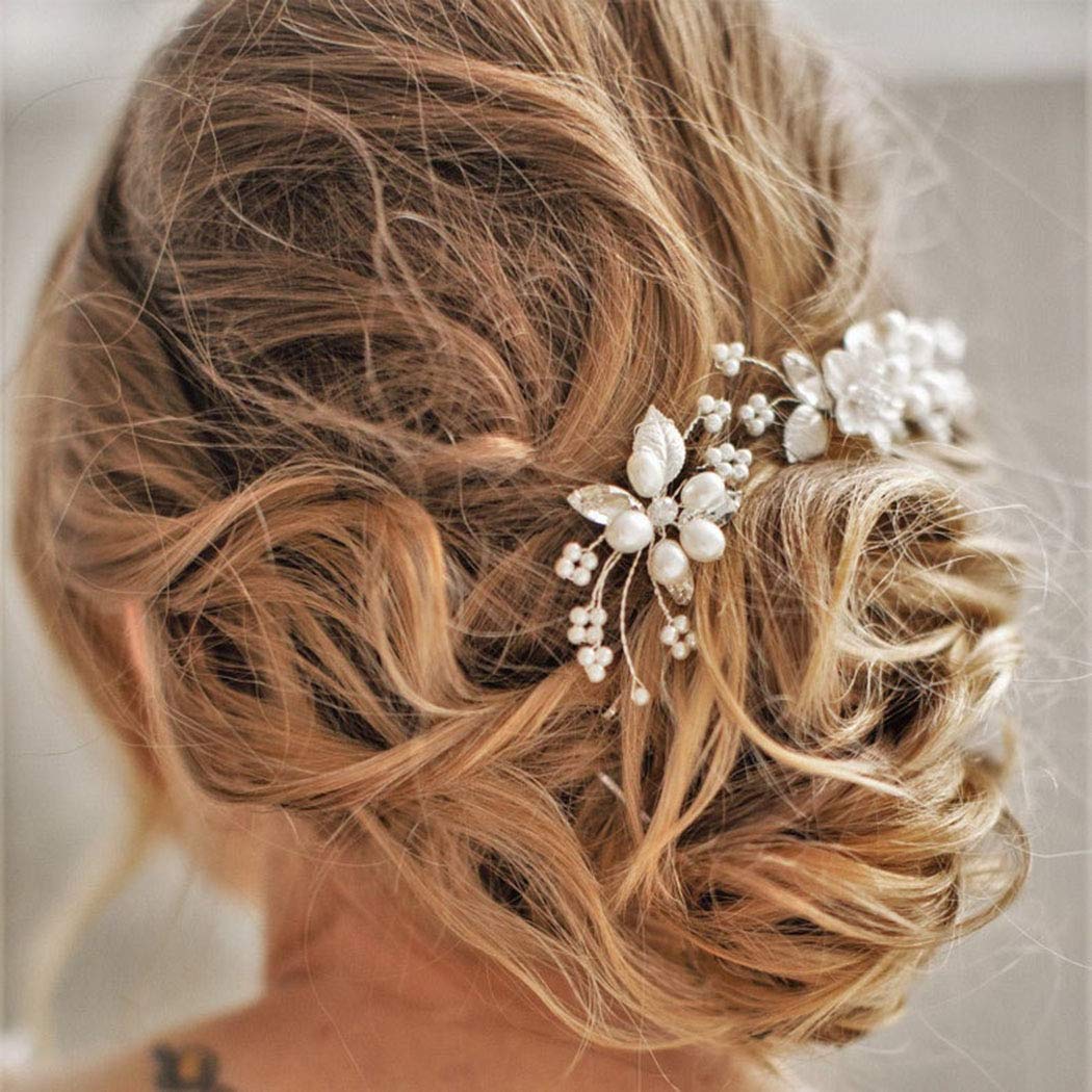 Unicra Bride Wedding Flower Hair Pins Bridal Pearl Hair Piece Crystal Hair Accessories for Women and Girls (Pack of 3) (Gold)