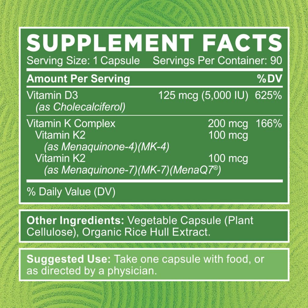 Zentastic Vitamin D3 K2, 5000IU & 200mcg, Vitamin D & Patented MK7 & MK4 for 3-in-1 Complex Support - Vegetarian, Non-GMO, 90 Caps