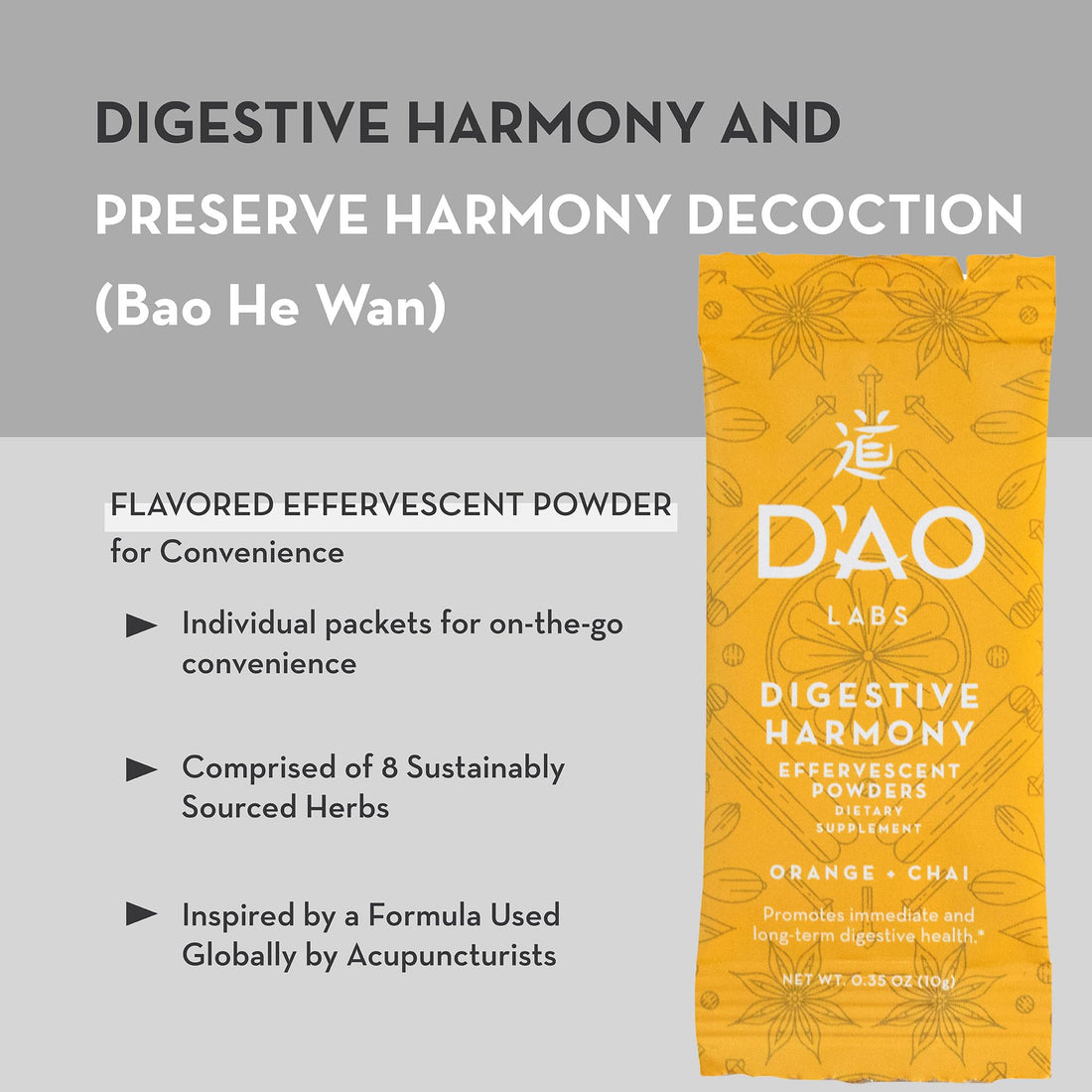 D'AO Labs Digestive Harmony - Organic Digestive Enzymes - Traditional Chinese Herbs & Chai Powder - Orange-Chai Flavor - Preserve Harmony Decoction (Bao He Wan) - 20 Individual Servings