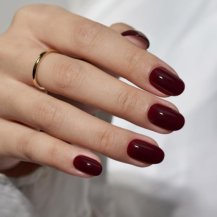 BTArtbox Press On Nails Short - Dark Red Press on Nails, Short Oval Fake Nails with Nail Glue, Fit Perfectly & Natural Reusable Stick on Nails in 16 Sizes Soft Gel Nail Kit, Coffee Bean