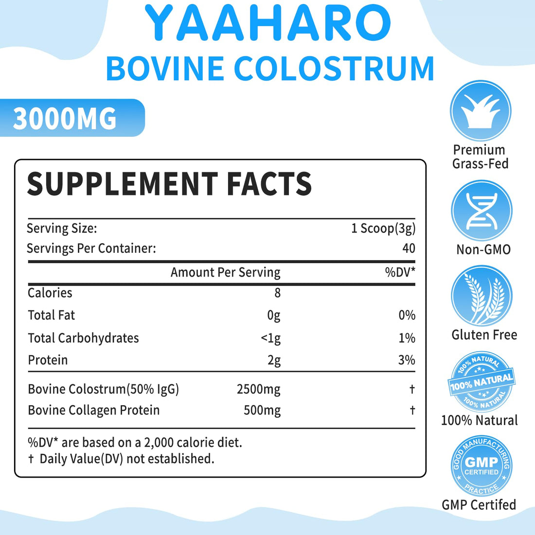 YAAHARO Bovine Colostrum Powder 2500mg, Collagen peptides 500mg, 50% IgG Bovine Colostrum for Humans, Gut Health, Immune Support, Hair & Nail Growth 4.23OZ