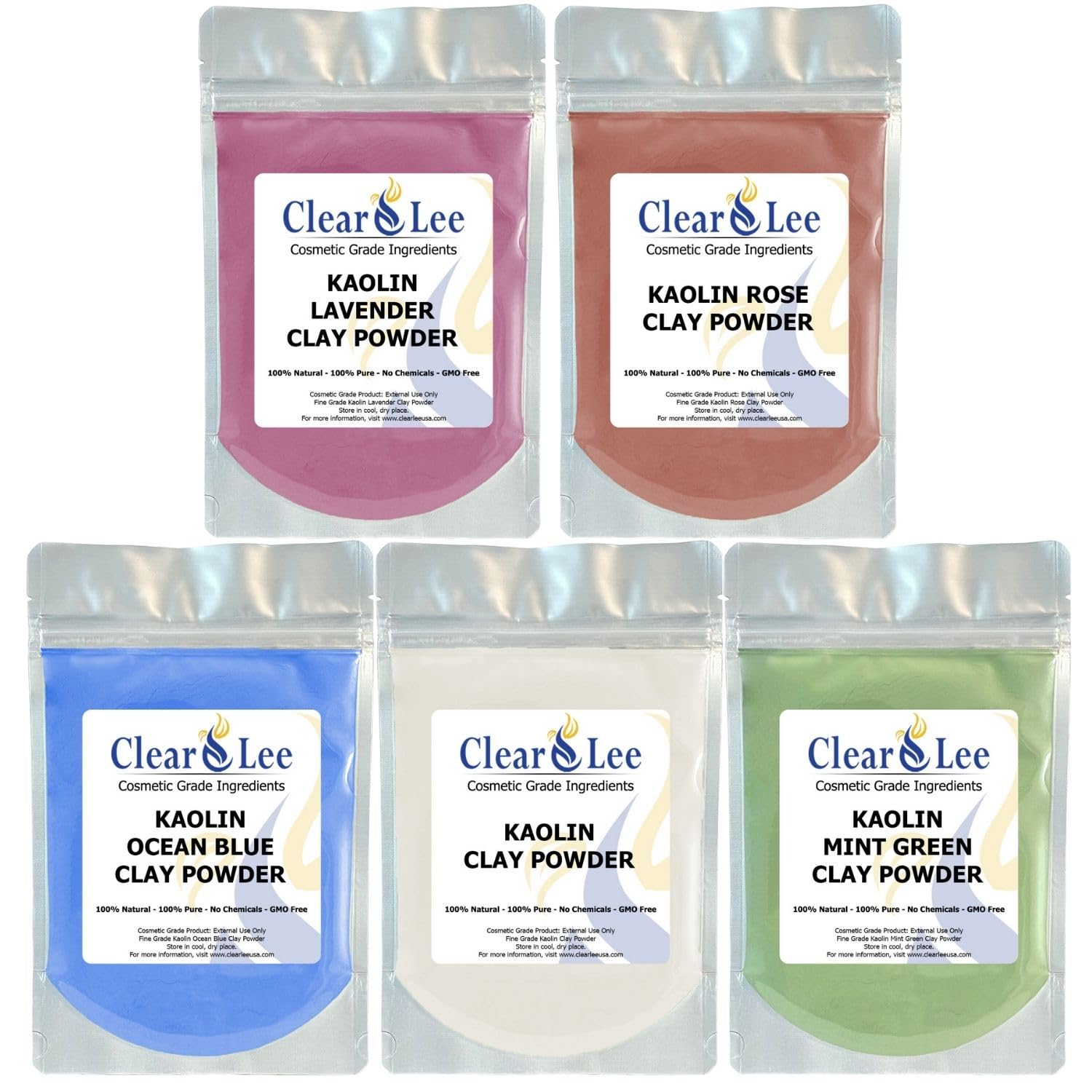 ClearLee Kaolin Clay Cosmetic Grade Powder Sample 5 Pack (White, Rose, Ocean Blue, Mint Green, Lavender) - 100% Pure Natural Powder - Great For Skin Detox, Rejuvenation - DIY Clay Face Mask