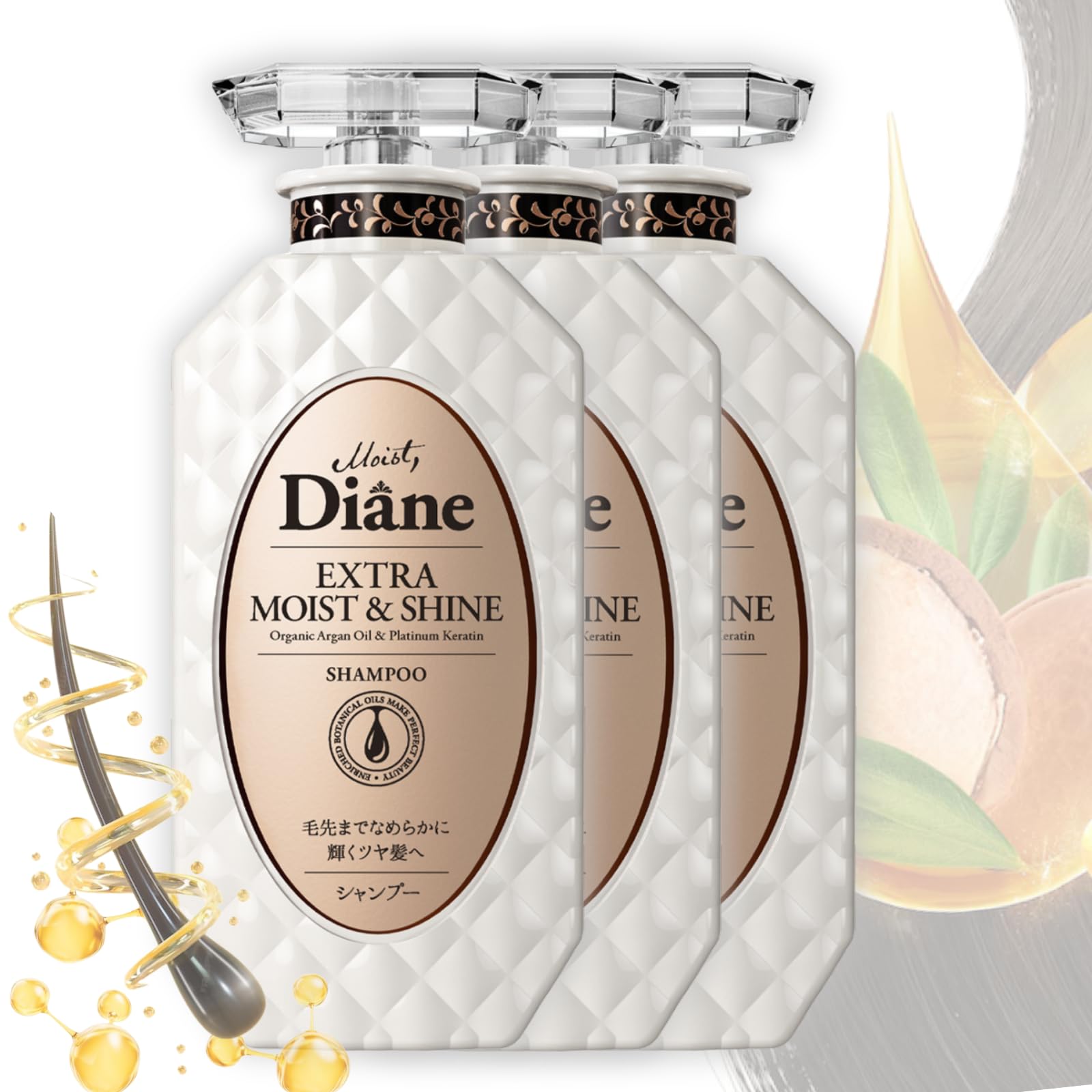 Moist Diane Keratin Shampoo for Moisturising & Restoring Radiance Women & Men, Organic Hair Care with Argan Oil & Coconut Oil from Japan, Sulfate & Silicone Free, EXTRA MOIST & SHINE,15.2 Fl Oz, 3EA