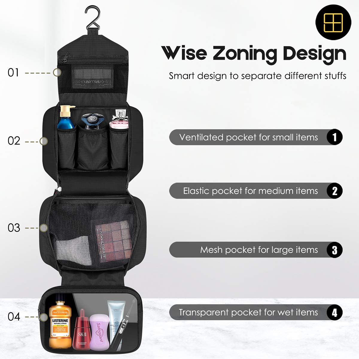 Black : Travelling Toiletry Bag, Dopobo Portable Hanging Water-Resistant Wash Bag for Travelling, Business Trip, Camping (black)