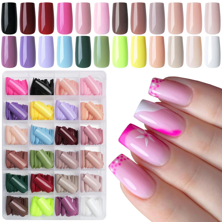 LoveOurHome 576pc Medium Square Press on Nails Kit Glossy Colored Straight Fake Nails Full Cover Artificial Fingernails Acrylic Tips Manicure Design Decor 24 Colors for Women Teens Kids
