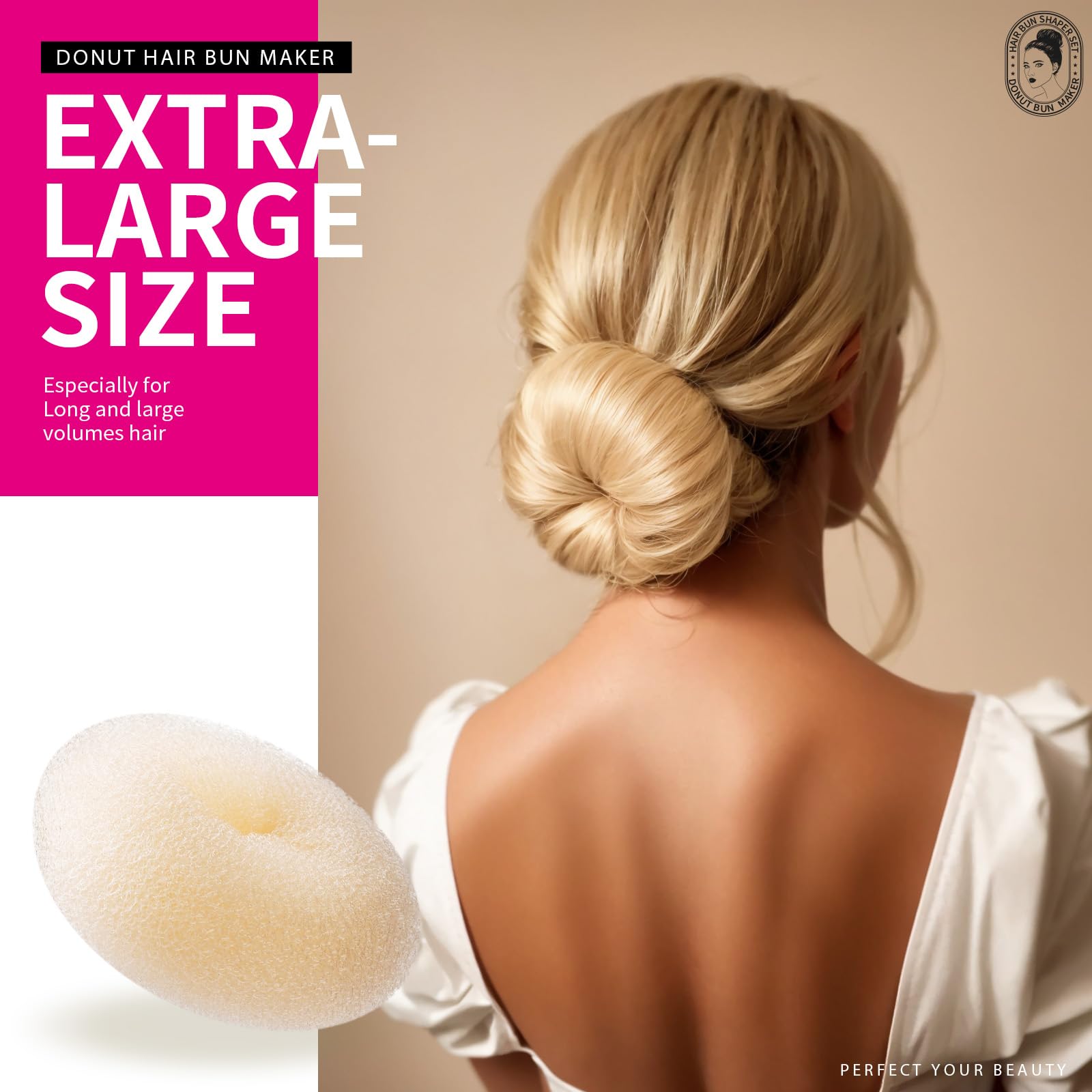 Donut Bun Maker, Teenitor Hair Bun Donut Maker Ring Style Bun Maker Set - 7 Buns Shaper & 5 Bands & 20 Bobby Pins For Chignon Hair Styles Ballet Dance Beige (2 Small 2 Medium 2 Large 1 Extra-large)