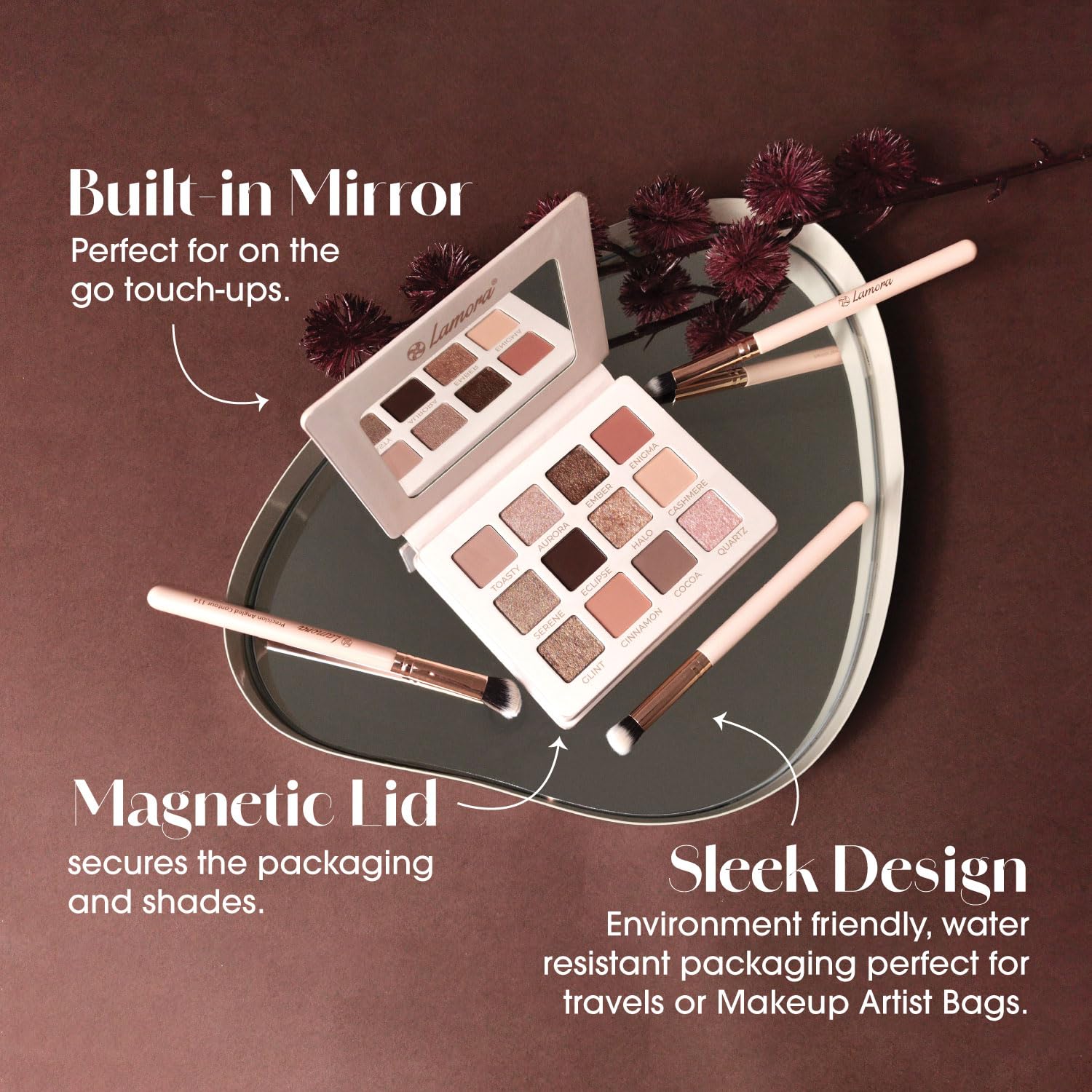 Lamora Nude Eyeshadow Palette Makeup - 12 Neutral Pigmented Matte & Shimmer Shades - Travel Size Eye Shadow With Mirror