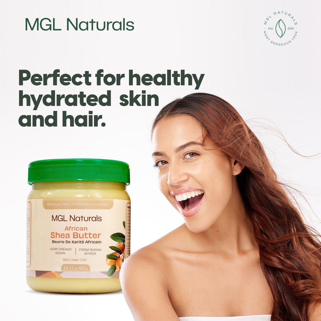 MGL Naturals Raw African Shea Butter Ivory, 100% Pure, and Unrefined. Nourish and moisturize hair and skin. Use alone or DIY recipes. From Ghana, West Africa. 16oz in jar