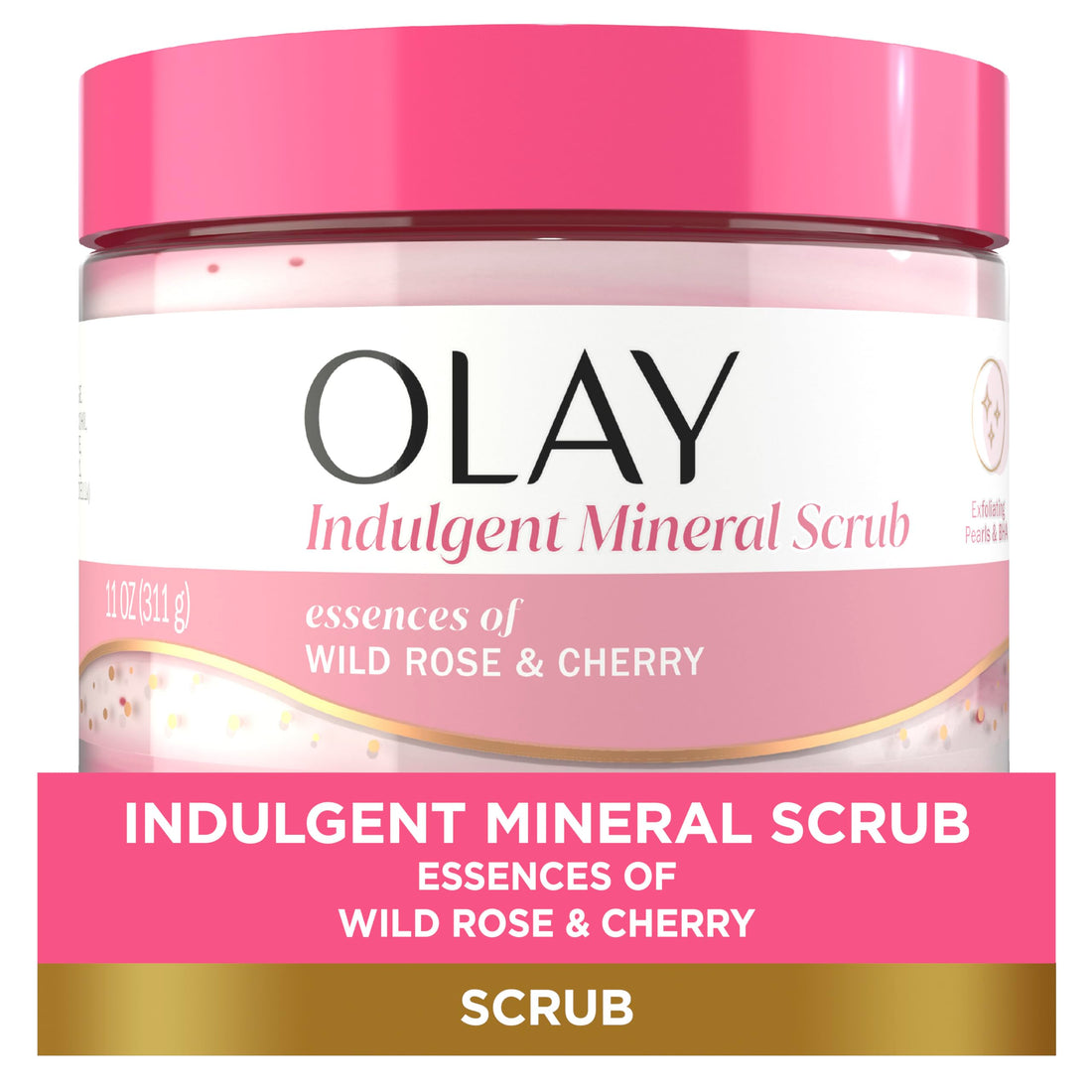 Olay Indulgent Mineral Scrub, Skin Exfoliating & Massaging Pearls, Renewing BHA, Vitamin B3 Complex, Essences of Wild Rose & Cherry Creme Scent, 11 oz