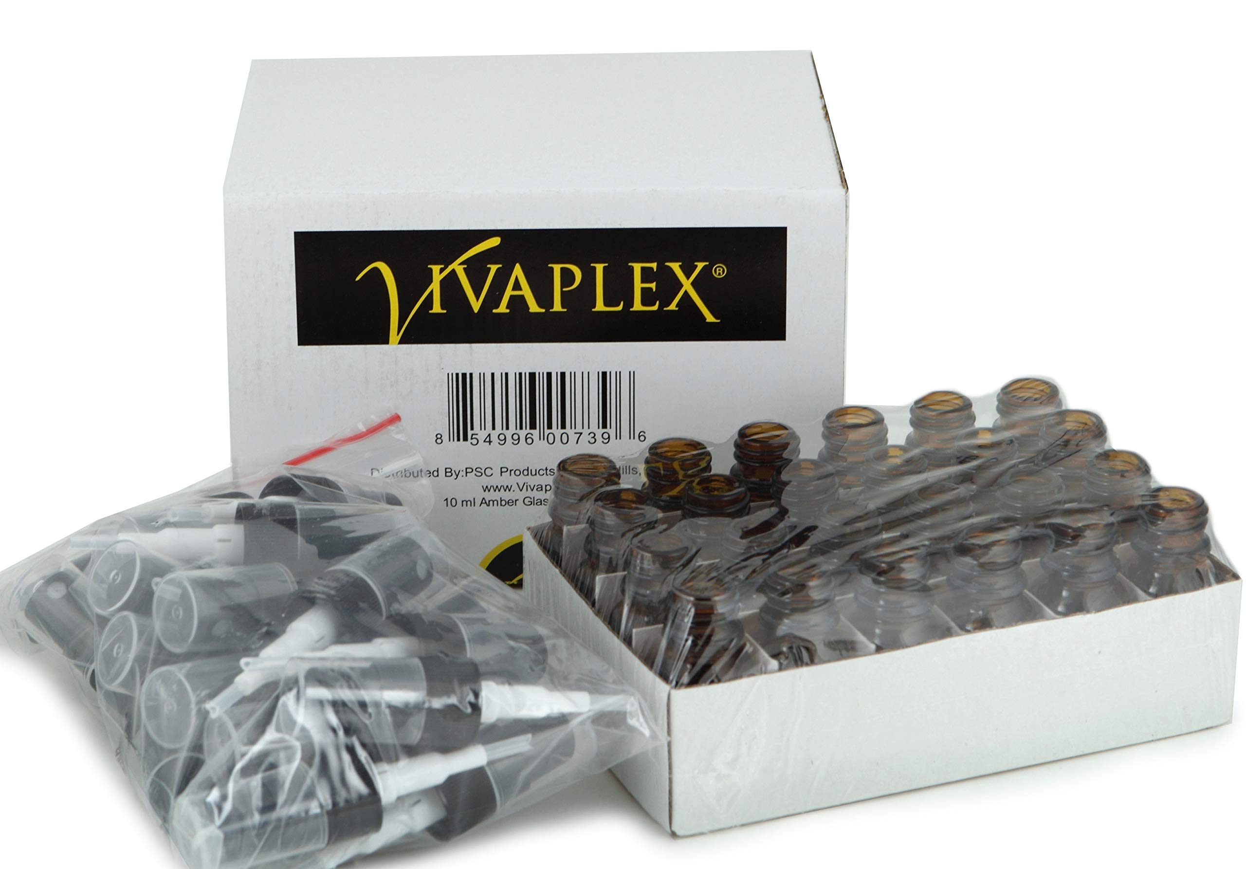 Vivaplex, 24, Amber, 10 ml (1/3 oz) Glass Bottles, with Black Fine Mist Sprayer's