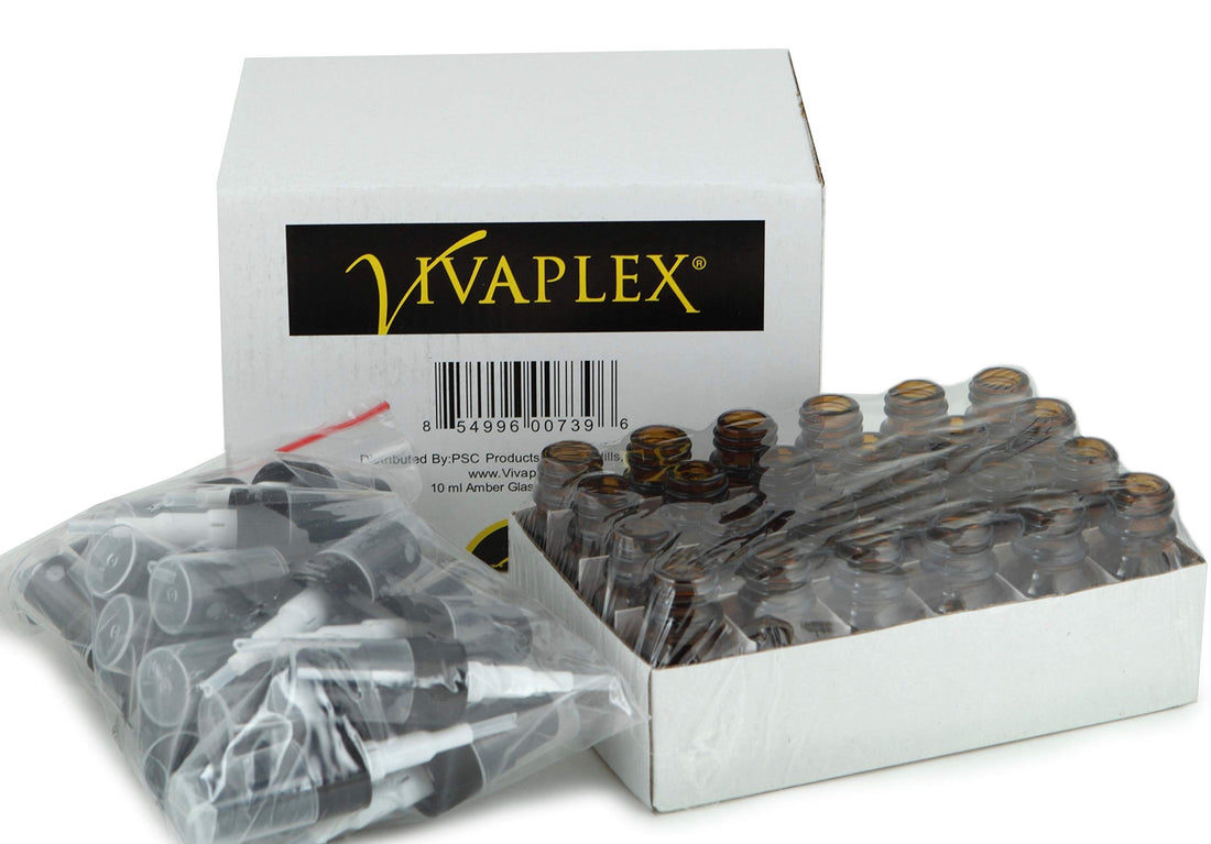 Vivaplex, 24, Amber, 10 ml (1/3 oz) Glass Bottles, with Black Fine Mist Sprayer's