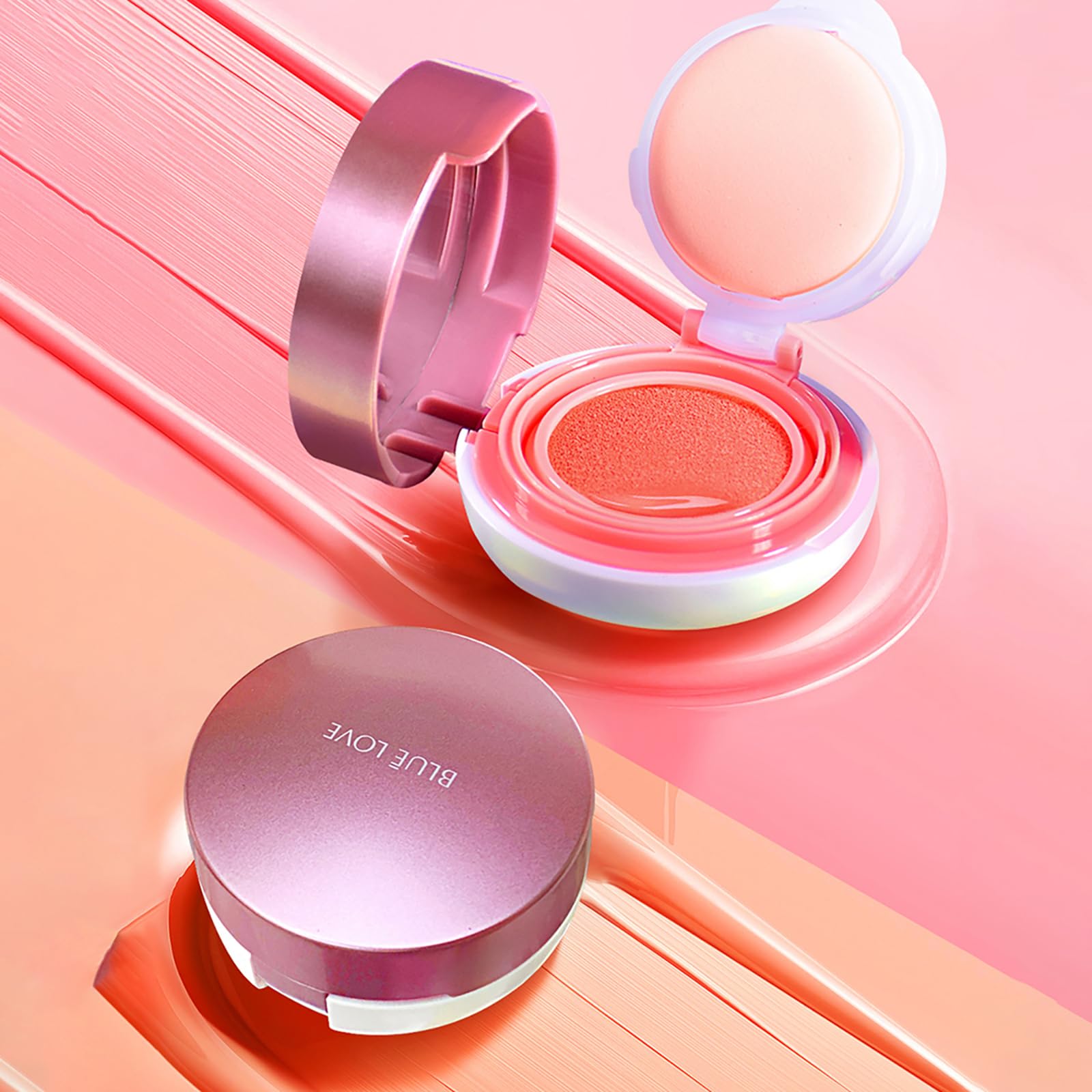 BLUE LOVE Cushion Liquid Blush - Silky Cheek Tint with Built-in Mirror, Natural Radiant Finish, Effortlessly Contours & Highlights for Elegant Look (01# Pink Orange)
