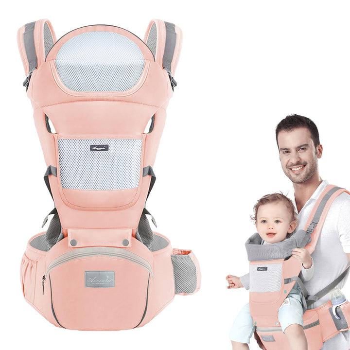 Huifen Multi-Functional 9 in 1 Baby Carrier - Newborn to Toddler, 7-45 lbs, Hip Seat, Ergonomic Sling, Hands Free Backpack, All Seasons (Pink)