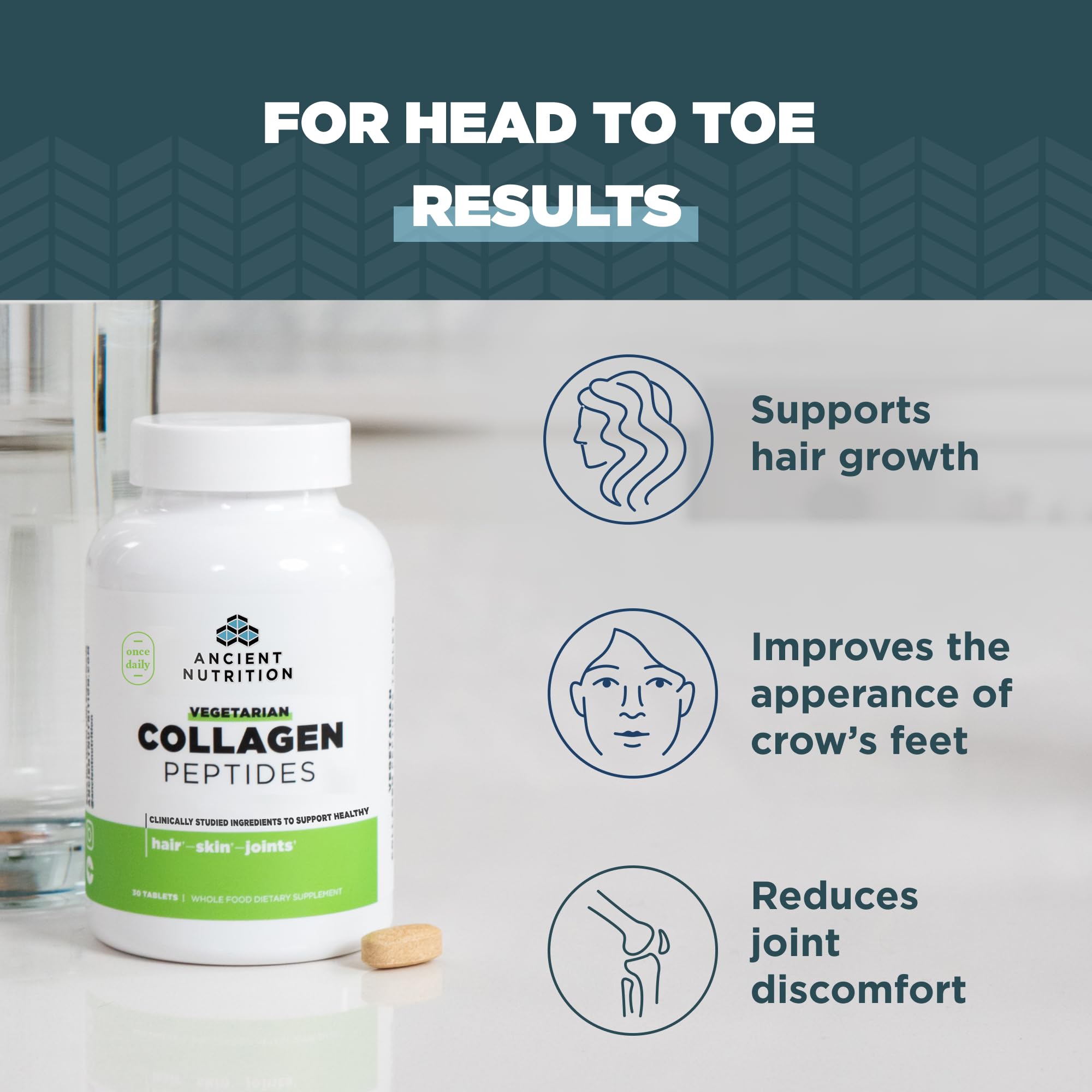 Ancient Nutrition Vegetarian Collagen Peptides, Collagen Peptides Tablets, Collagen with Prebiotics and Probiotics, Supports Healthy Skin, Hair, Joints, Digestion, Vegetarian Capsules, 30 Count