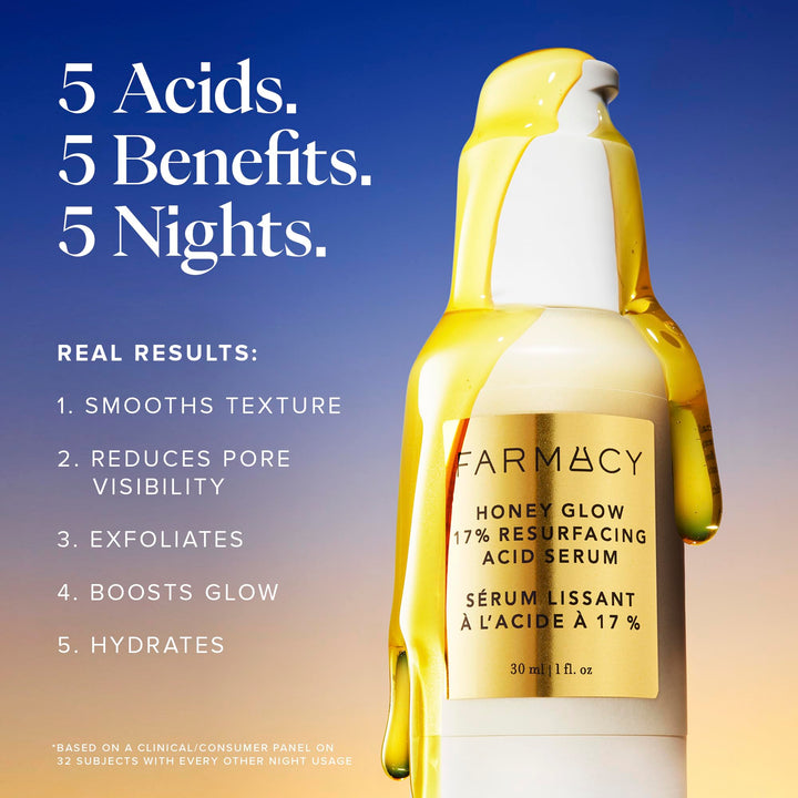 Farmacy Face Exfoliator Serum - Honey Glow 17% AHA + BHA Liquid Exfoliant & Salicylic Acid Serum - Resurfacing Skin Care for Reduced Pores + Texture - Hydrates Skin for an Overall Glow (30ml)