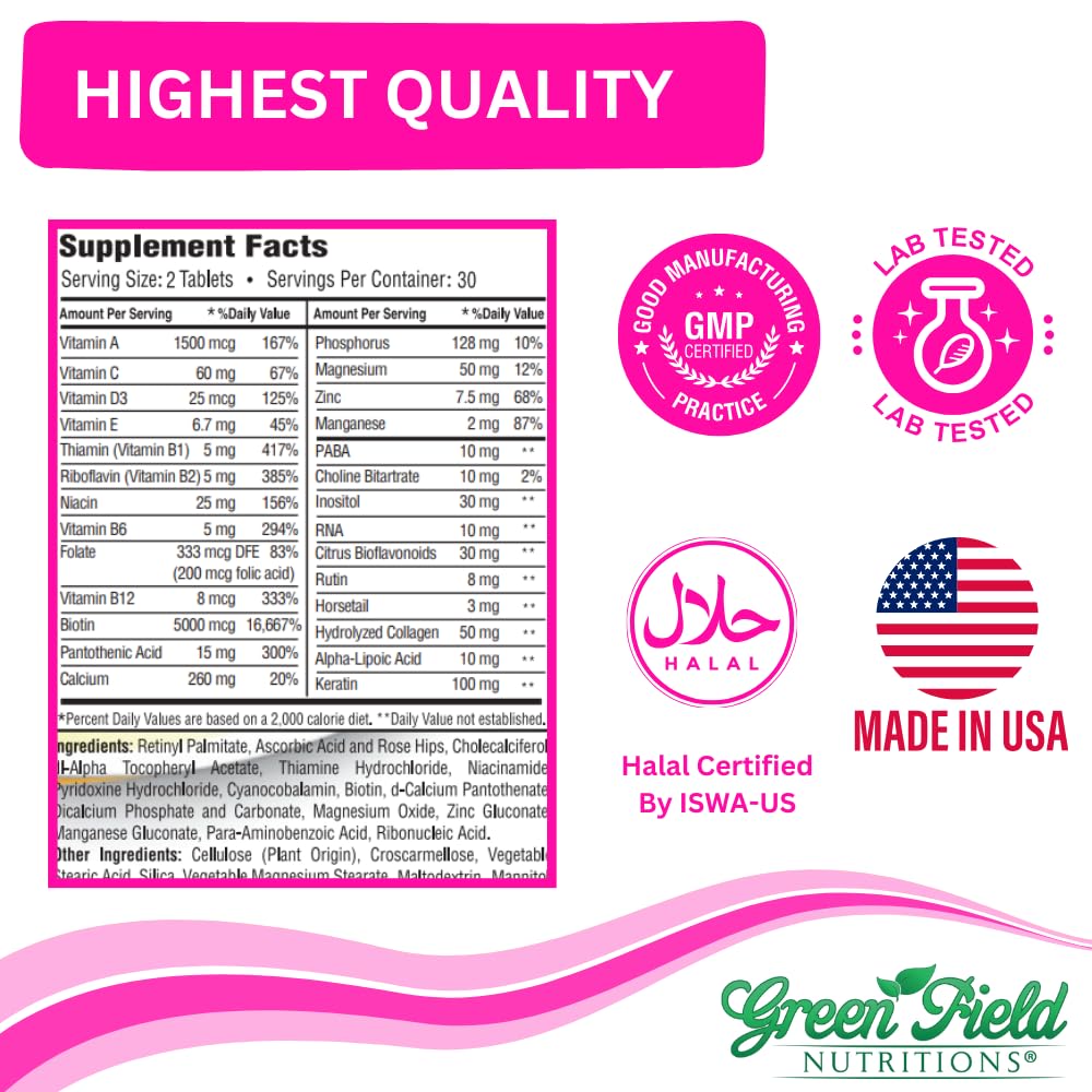 Greenfield Nutritions Halal Biotin Tablet for Adult - 60 Halal Multivitamin for Hair Skin and Nails - High potency 5000mcg Biotin with 50mg Collagen and Minerals - Gelatin Gluten Free, Non-GMO Vitamin