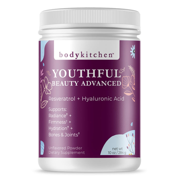 Body Kitchen Youthful Beauty Advanced, Collagen Peptides Powder for Beautiful Hair Skin Nails, Resveratrol and Hyaluronic Acid for Anti-Aging & Antioxidant Support, Grass Fed (Pack of 1)