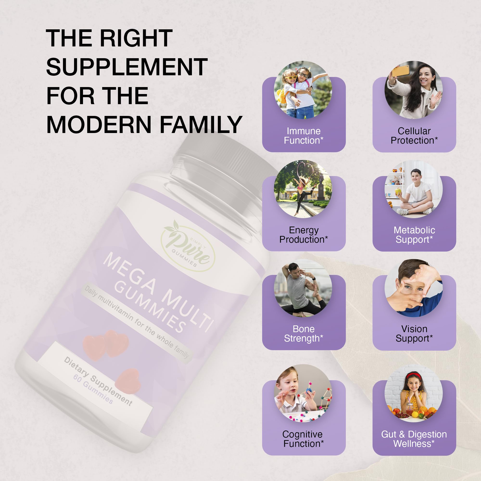 Pure By Nature Mega Multi Gummies, Natural Flavored Multi Vitamin Gummies for Women & Men, Dietary Supplement, Multivitamin for Men with Vitamins A, D2, C, E, K, Biotin, Folic Acid (60 Count)