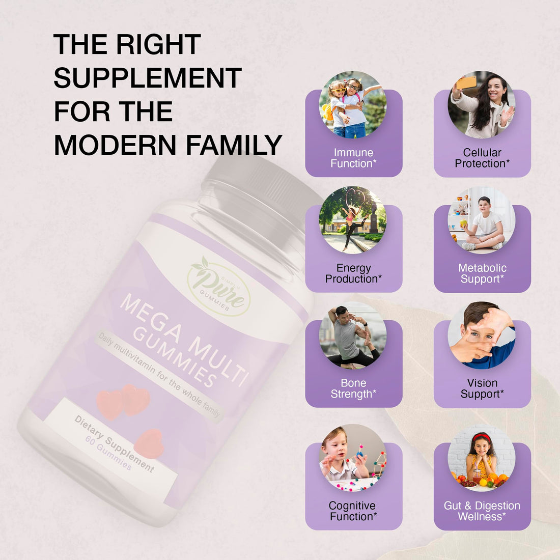 Pure By Nature Mega Multi Gummies, Natural Flavored Multi Vitamin Gummies for Women & Men, Dietary Supplement, Multivitamin for Men with Vitamins A, D2, C, E, K, Biotin, Folic Acid (60 Count)