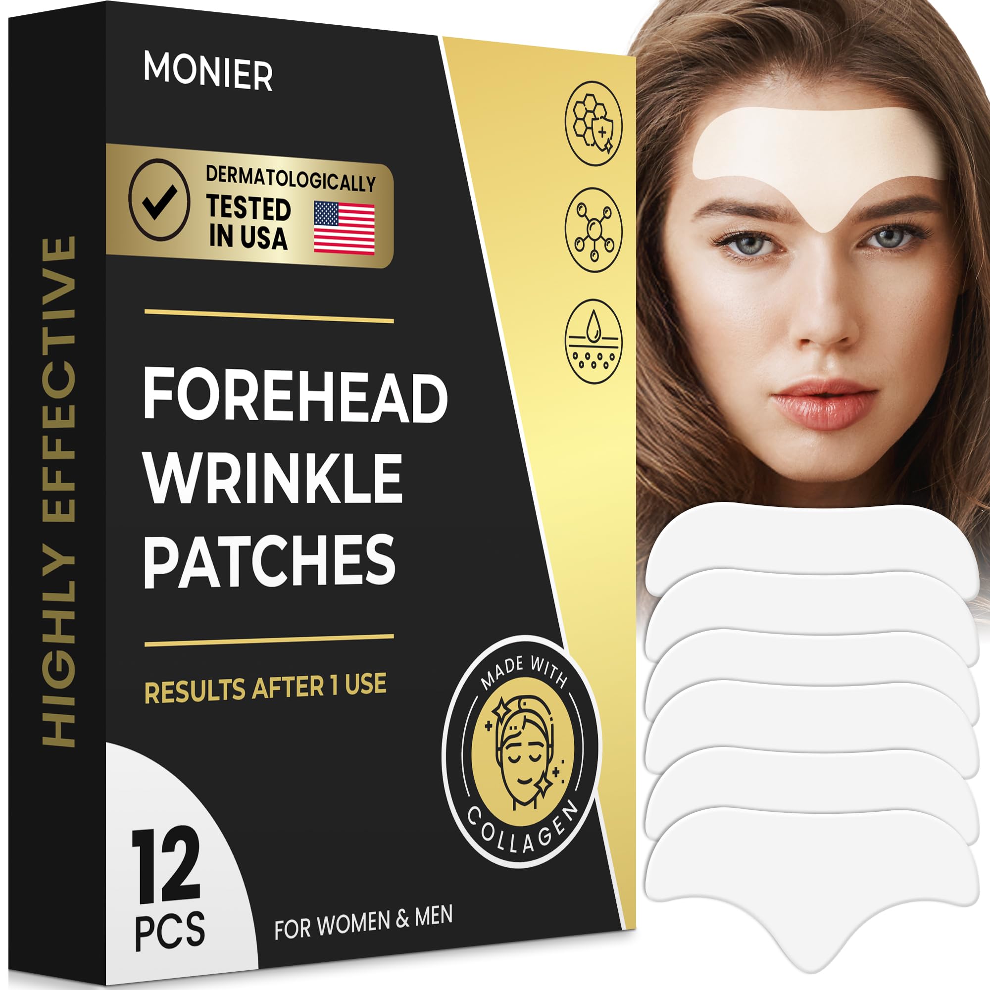MONIER Forehead Wrinkle Patches Smoothing Overnight - Anti Wrinkle Patches for Face and Forehead Fine Lines & Frown Lines - With Aloe, Collagen, Vitamin E, Hyaluronic Acid | 12 pcs