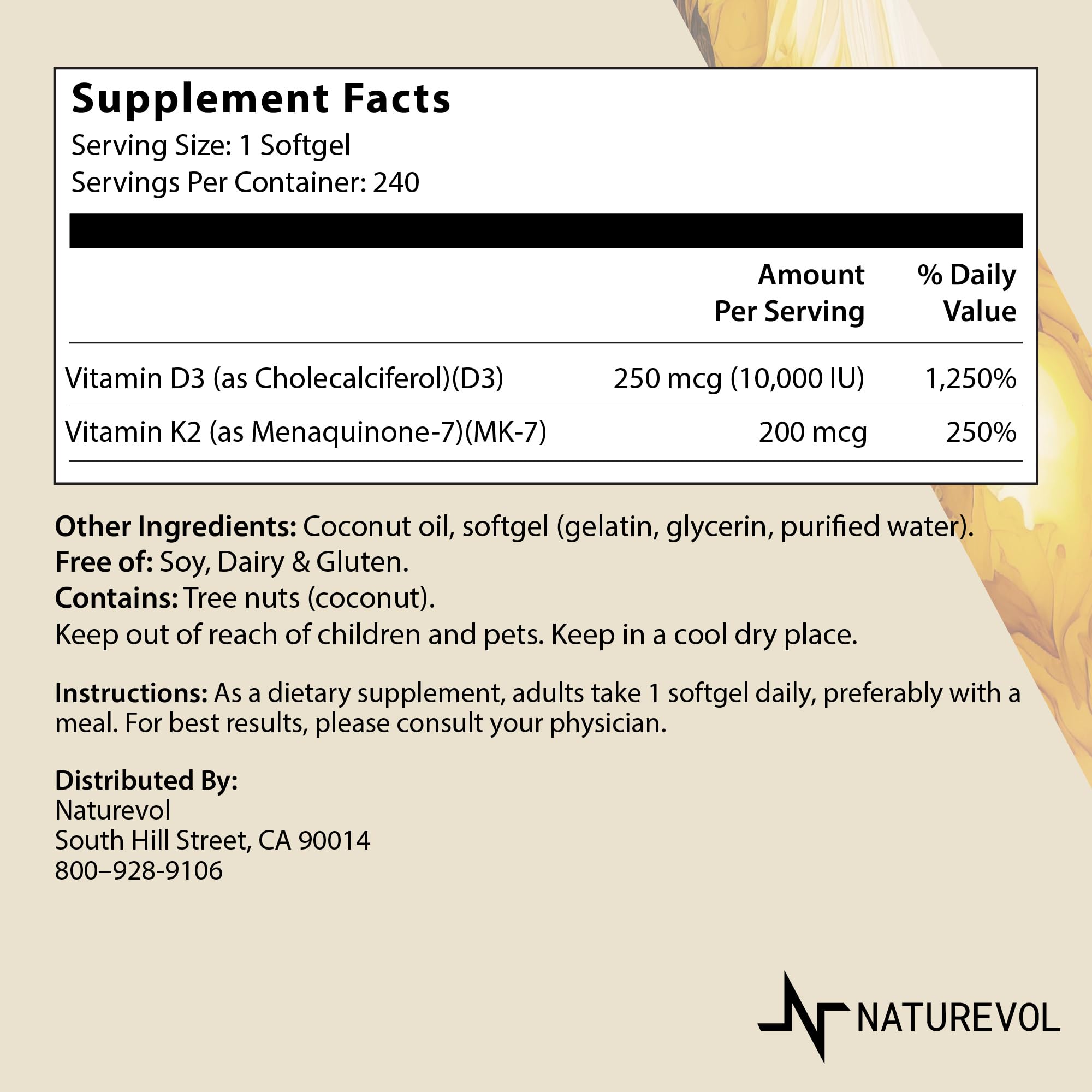 Vitamin D & K Complex with Coconut MCT Oil | D3 10000 IU Plus K2 (MK-7) 200 mcg for Healthy Muscle Function & Immune Support | Easy to Swallow | Soy & Gluten Free - Mini Softgels (240 Servings)
