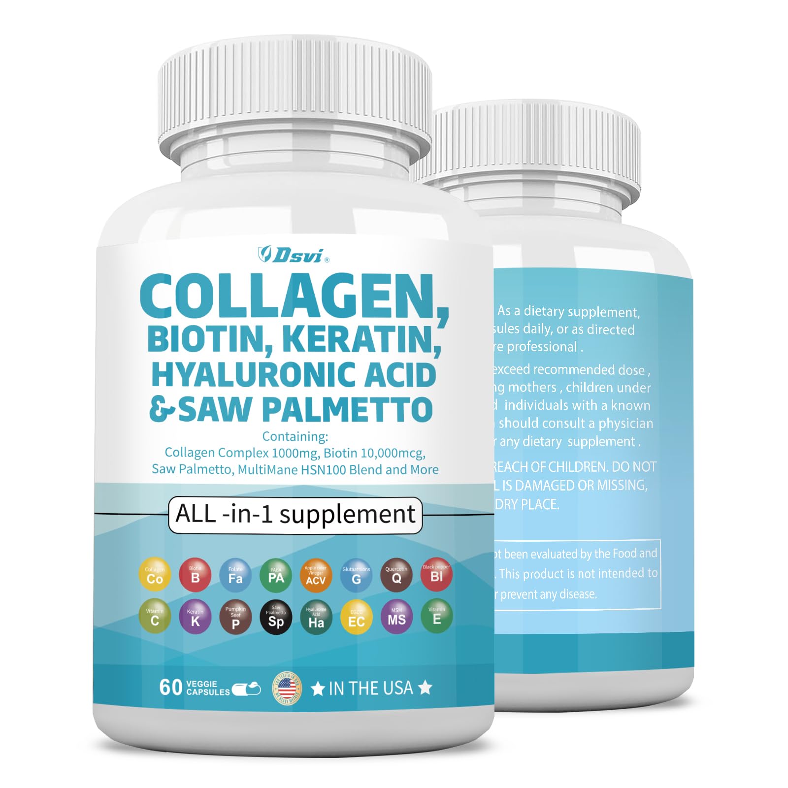 Collagen Pills 1000mg Biotin 10000mcg Keratin Saw Palmetto 2500mg Hyaluronic Acid - Hair Skin and Nails Vitamins and DHT Blocker with Vitamin E Folic Acid Pumpkin Seed MSM for Men and Women,60 Count