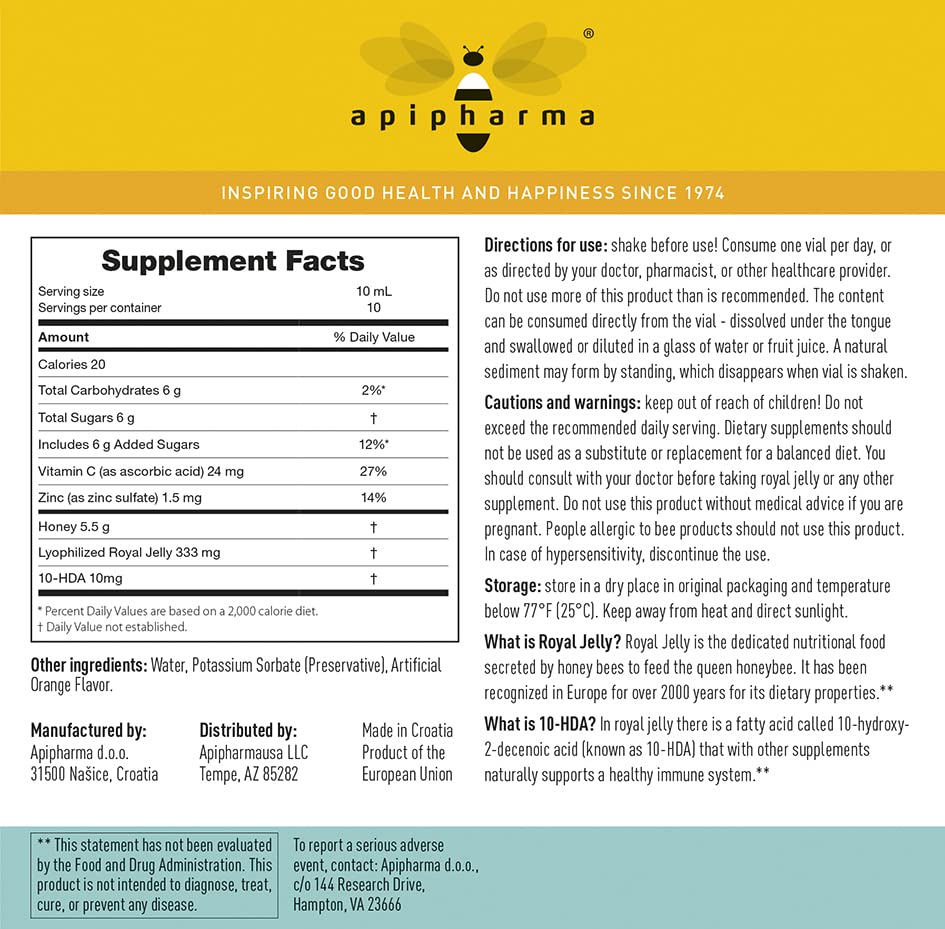 apipharma Vitarojal Royal Jelly - with Honey, Vitamin C, Zinc - Support Your Immune System, & Promotes Natural Energy and Wellness (10 Vials)