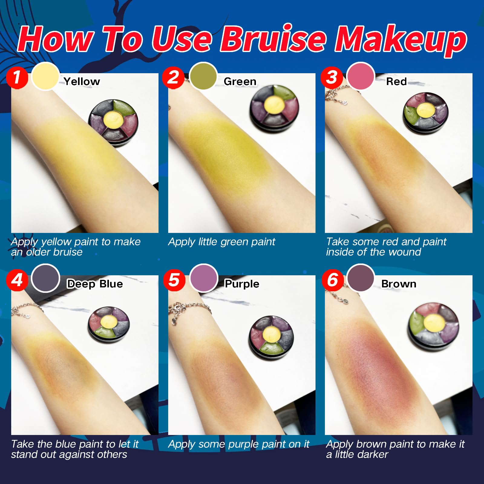 MEICOLY 6 Color Bruise Wheel for Special Effects, 2.1oz Fake Blood Spray Blood Splatter Theatrical Halloween Liquid Blood for Clothes Face Body Paint with 3pcs Stipple Sponges